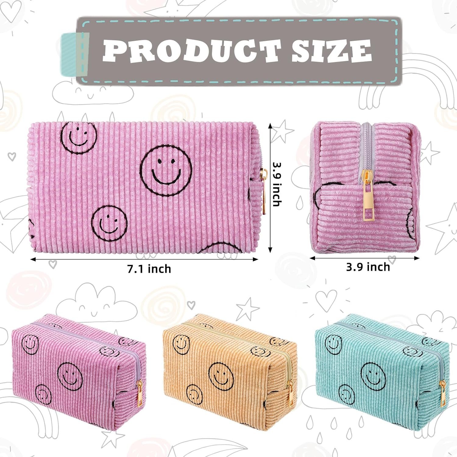 Private Label 3 Pcs Corduroy Cosmetic Bags Smile Face Aesthetic Preppy Pencil Pouch Purse Custom Logo Travel Beauty Makeup Organizer Manufacturer for School Christmas Women Holiday Gifts Classic Pink Yellow Green