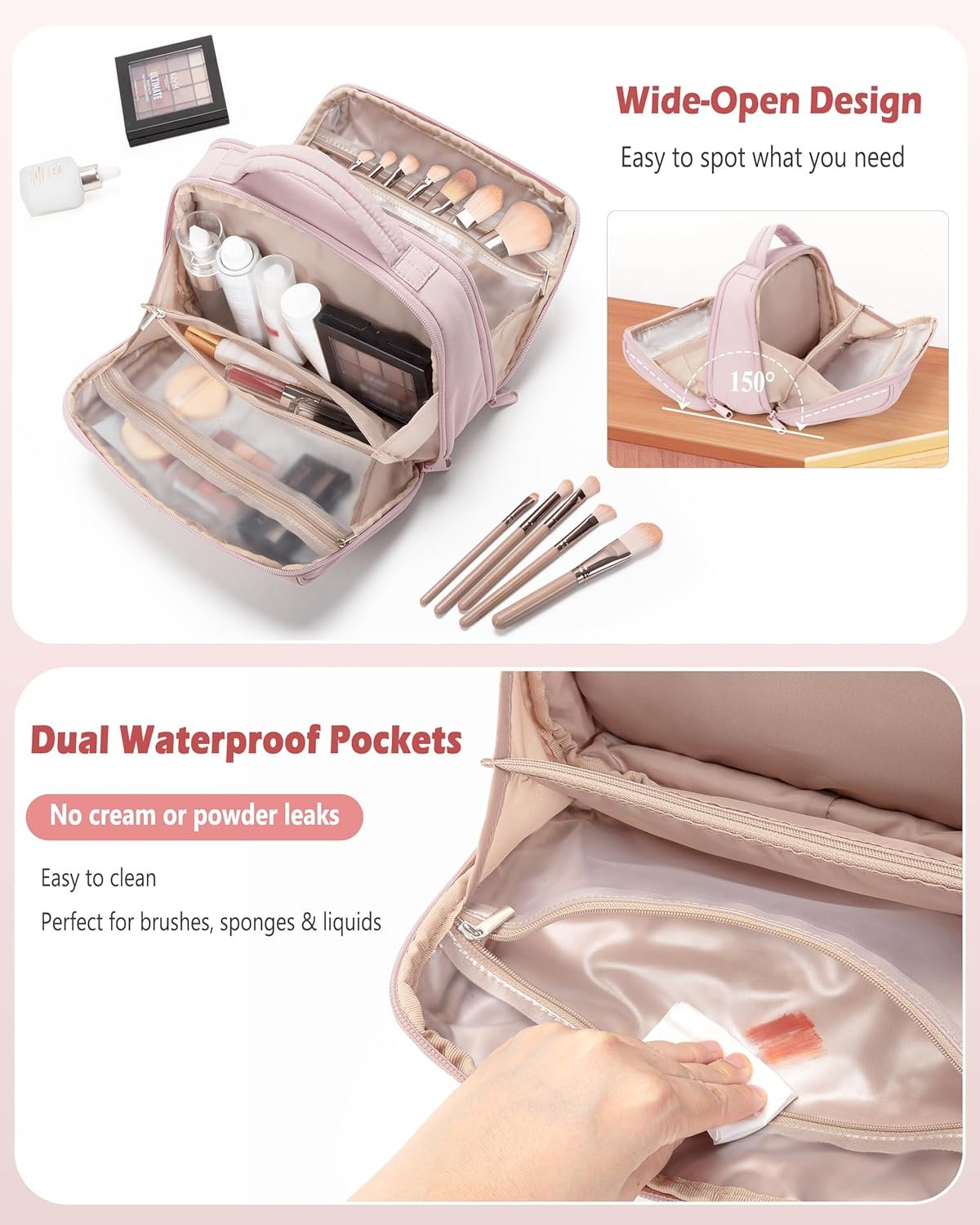 Private Label Travel Makeup Bag for Women Puffy Cosmetics Organizer with Custom Logo Waterproof Pockets Toiletry Pouch for Makeup Brushes Skincare & Travel Essentials from Manufacturer Pink (Bag Only)