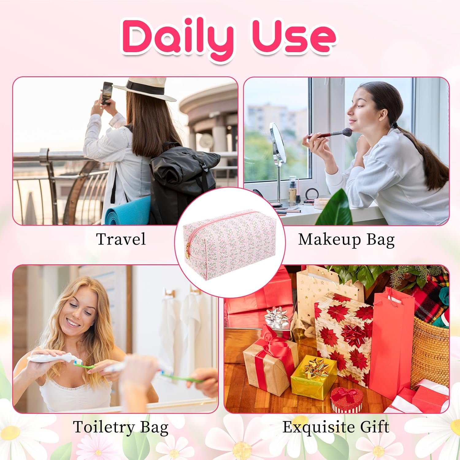 Custom Logo Floral Quilted Makeup Bag Travel Cosmetic Organizer Pink Flowers Zipper Toiletry Pouch Private Label Portable Cloth Storage Pen Case for Women Girls Manufacturer