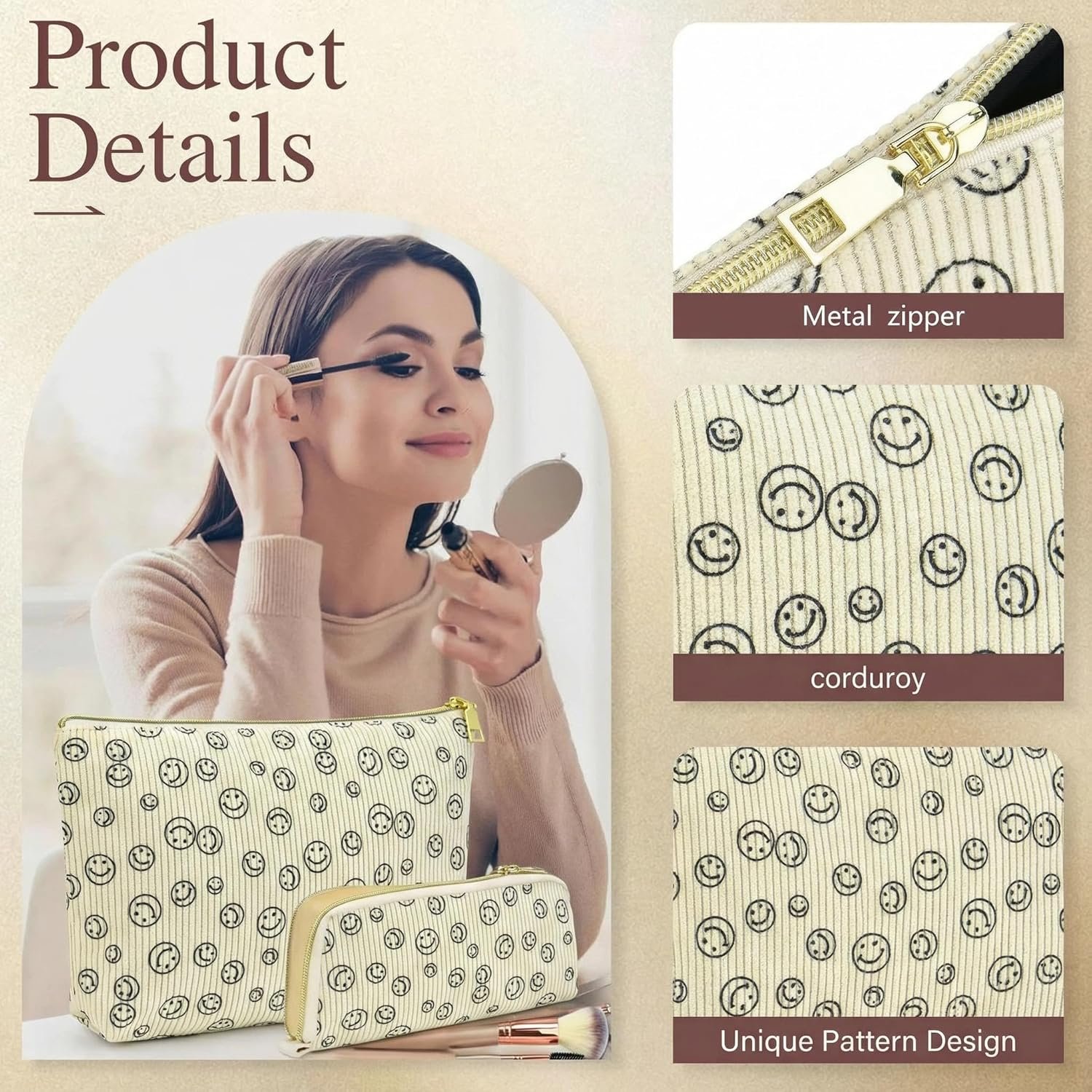 Private Label Small Cosmetic Bags for Women Corduroy Smiley Makeup Bag with Custom Logo Zipper Pouch Portable Toiletry Organizer for Travel Purse and Daily Use 2-Piece Set Direct from Manufacturer