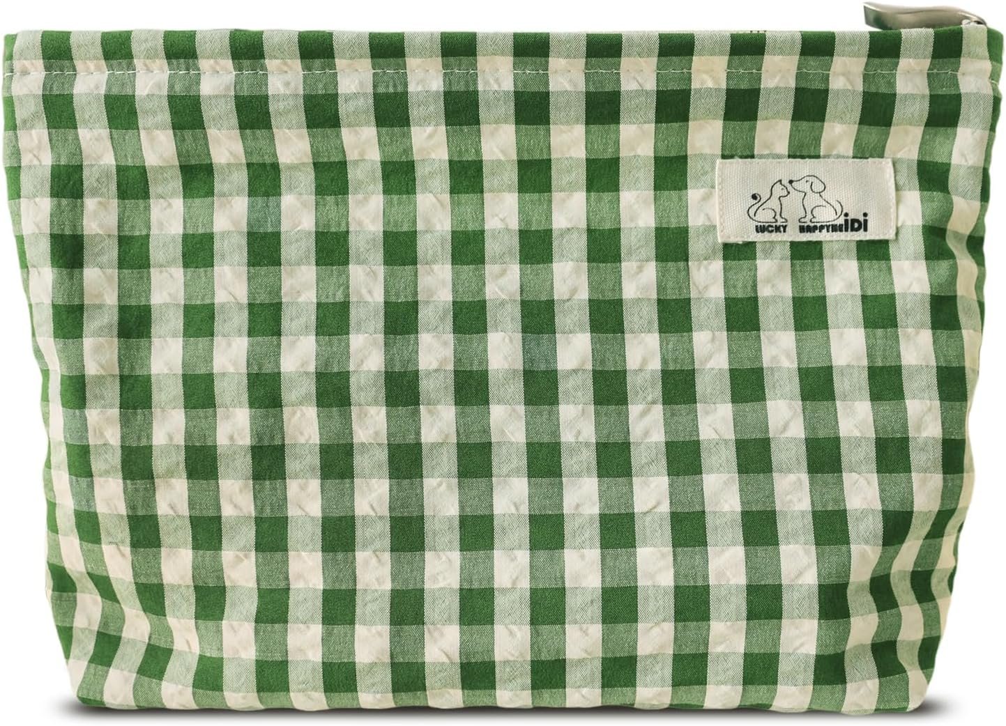 Custom Logo Large Cute Green Checker Makeup Bag with Compartment Private Label Cosmetic Travel Pouch Nylon Fabric Purse Organizer Canvas Lined Beige Plaid Supplier