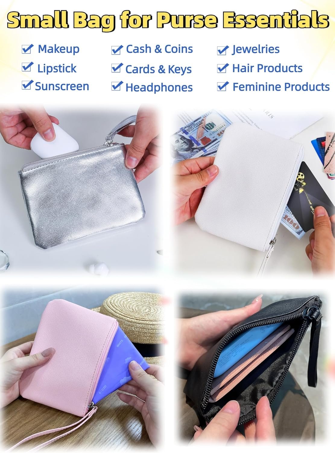 Custom Logo 2 Pack Small Zipper Pouch Mini Makeup Bag for Purse Lipstick Cosmetic Travel Organizer Private Label Women Essentials Coin Holder 4.5 x 6.5 Clutch Stadium Approved Wristlet Pink Manufacturer