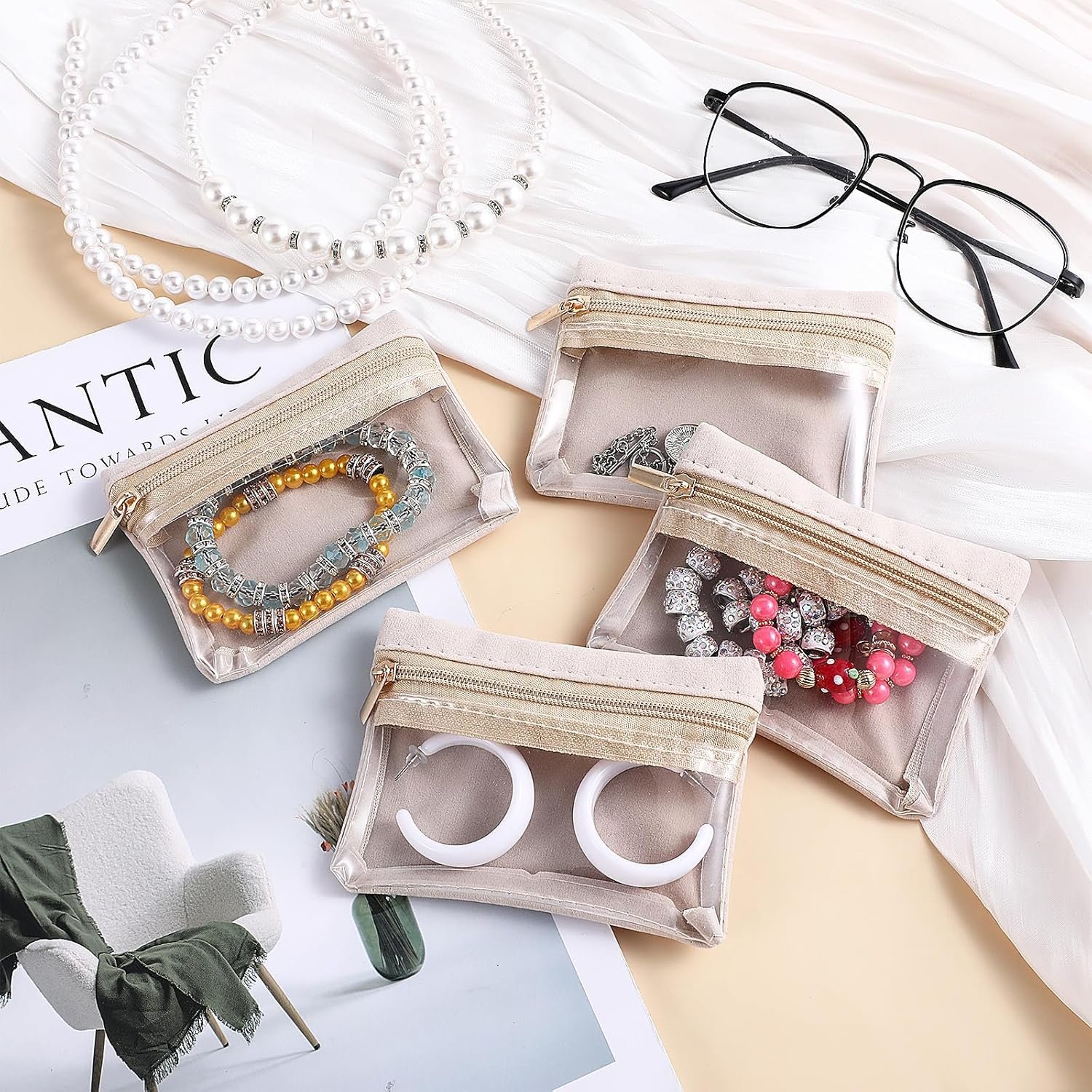 Private Label 4Pcs Clear Portable Travel Jewelry Bag with Zipper Velvet Pouch Custom Logo Mini Organizer Storage for Rings Bracelets Earrings Necklaces Gift Idea for Women Girls Supplier