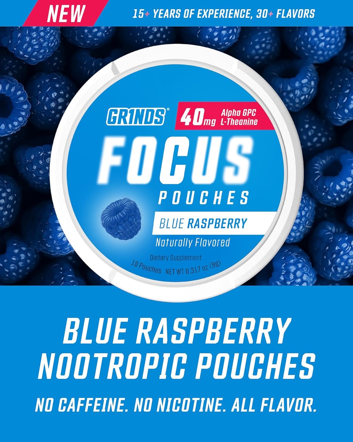 Custom Logo Focus Pouches Naturally Flavored with Nootropic Ingredients Alpha GPC and L-Theanine Private Label Nicotine-Free Sugar-Free 3 Pack 18 Pouches Per Can Blue Raspberry Manufacturer