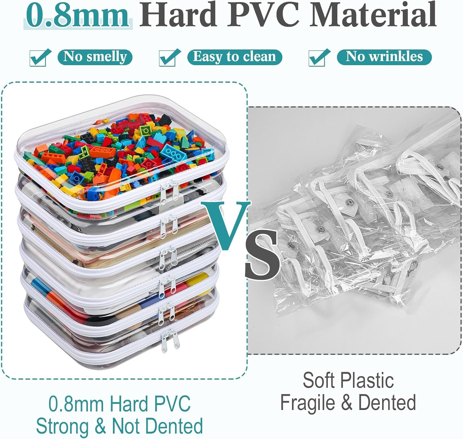 Custom Logo 6 Pcs Clear Hard Plastic Zipper Pouches Transparent Makeup Pencil Toiletry Travel Organizer Bags Private Label Toy Diaper Storage Supplier White 9.84 x 7.87 x 2 Inch