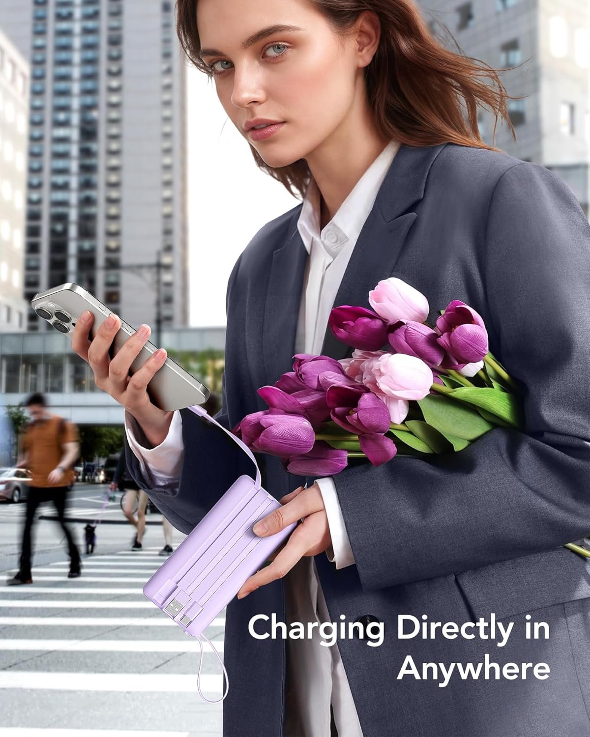 Custom Logo 10000mAh Portable Charger Power Bank Private Label Slim Travel Essentials Battery Pack 5 Outputs 2 Inputs Built-in Cables for iPhone 17/16/15/14/13 Samsung Android Lavender 1 Pack from Manufacturer