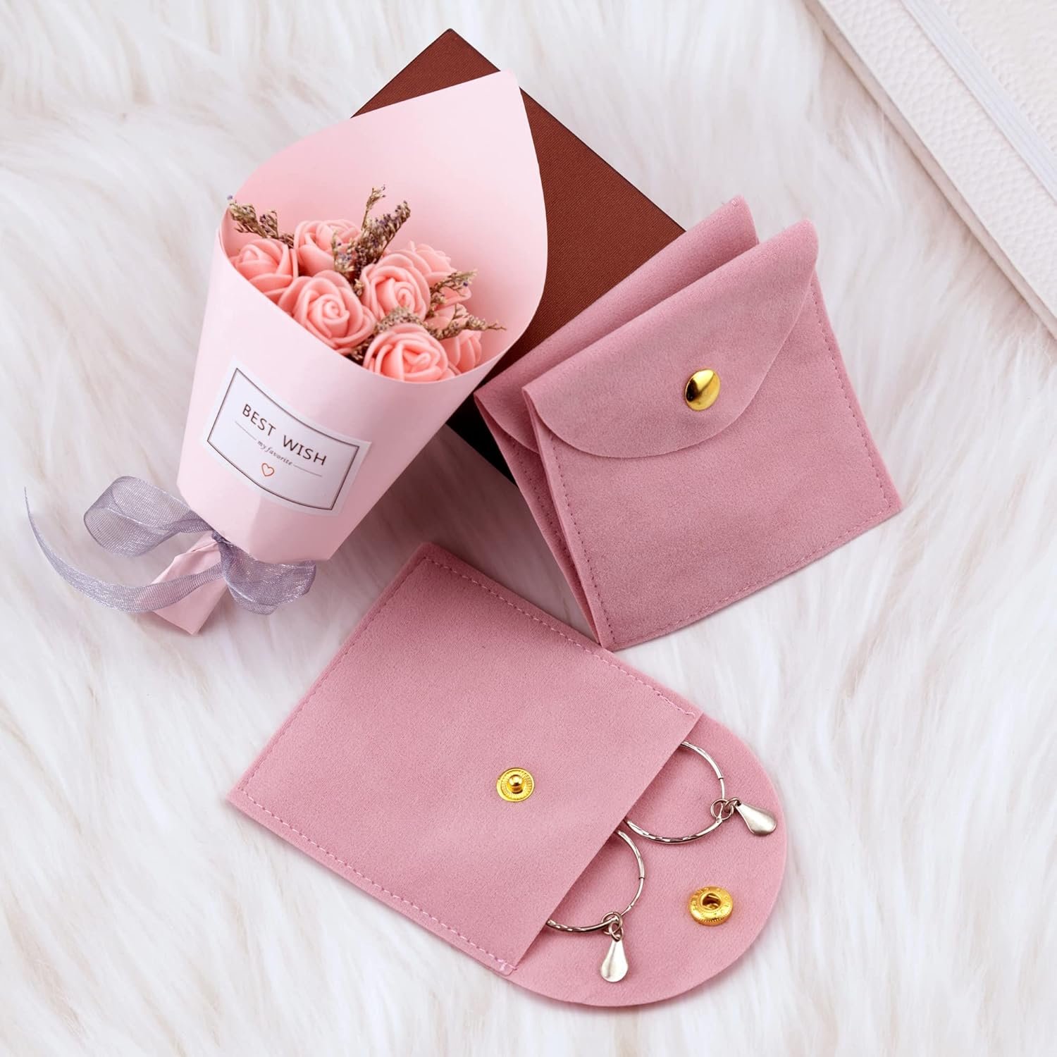 Private Label 6 Pcs Pink Microsuede Velvet Jewelry Pouch Bags with Snap Button Custom Logo Luxury Small Storage Manufacturer for Necklaces Bracelets Rings Earrings Watches Coins