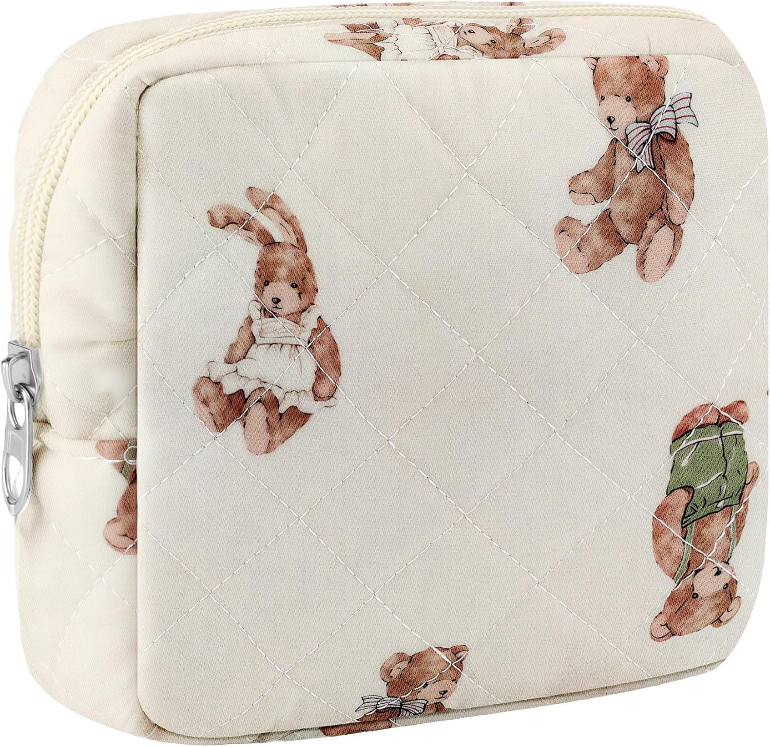 Custom Logo Small Quilted Cotton Makeup Bag Mini Cosmetic Period Pouch for Women Purse Cute Bear Sanitary Design Portable Travel Toiletry Bag with Zipper Private Label Manufacturer