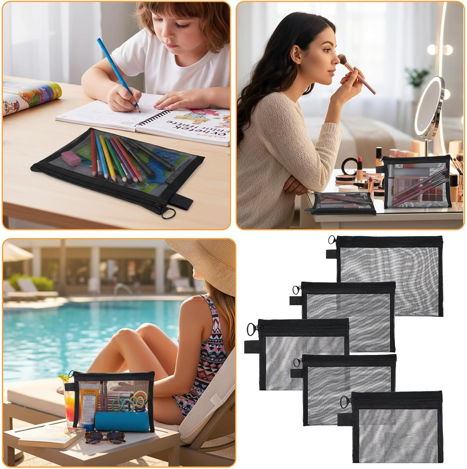 Private Label 5 Pack Small Mesh Zipper Pouches Manufacturer Portable Cosmetic Makeup Travel Toiletry Bags Custom Logo Storage for Home Office Black