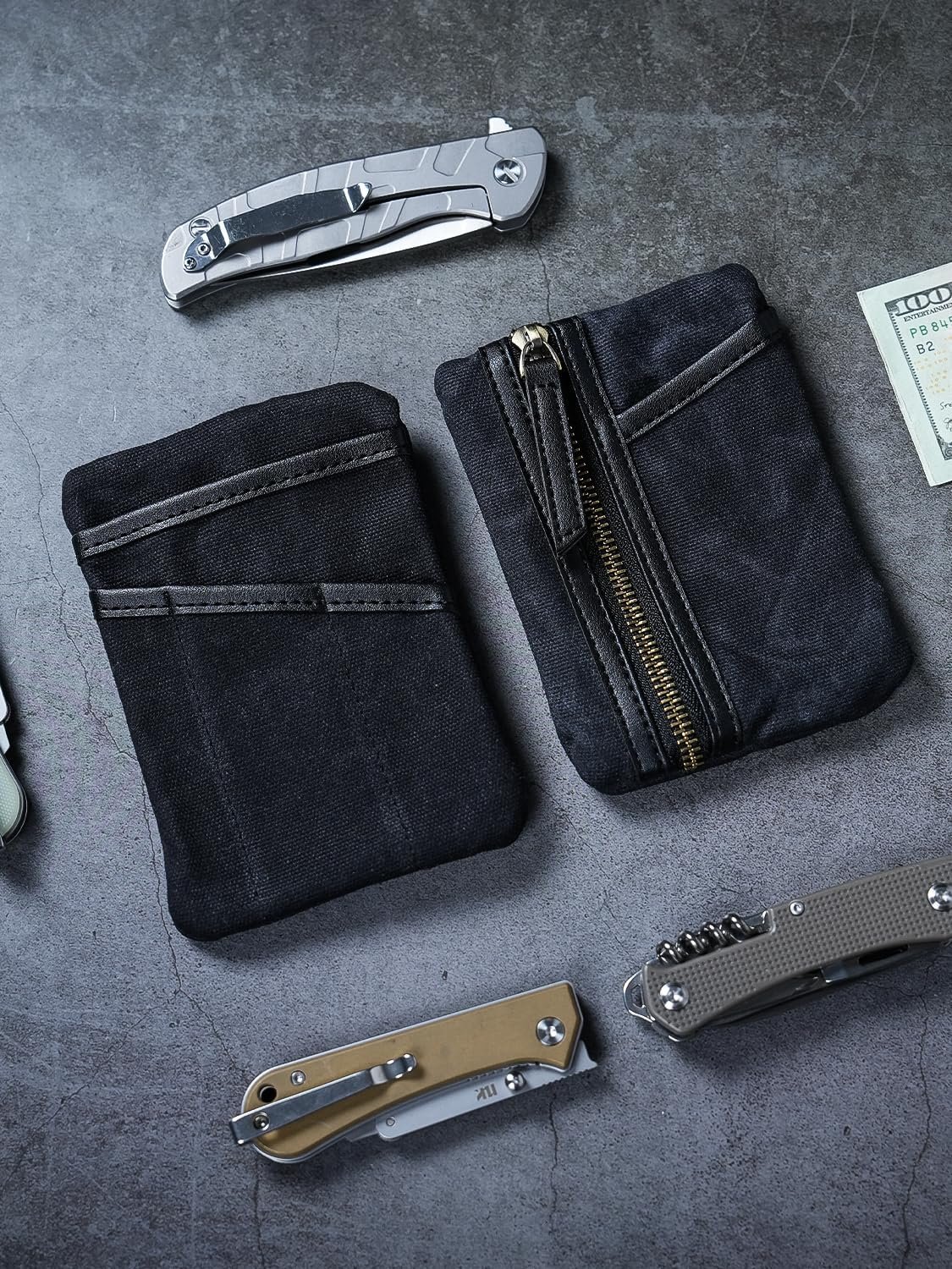 Private Label Waxed Canvas EDC Pouch Compact Pocket Organizer for Men, Custom Logo Zippered Mini Multitool Everyday Carry Pouch Oil Wax Black from Manufacturer