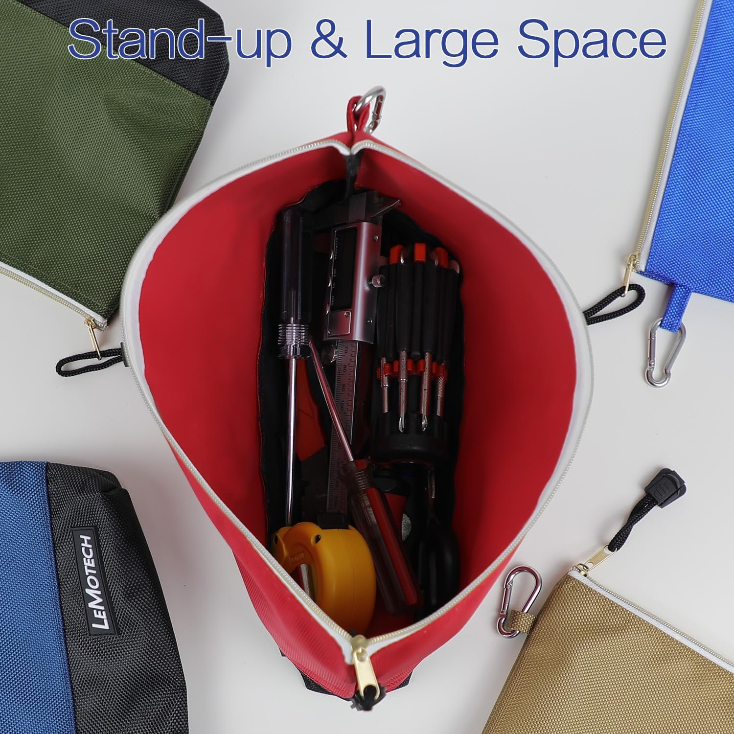 Private Label Stand-Up Zipper Tool Bag with Carabiners, Custom Logo Water Resistant Utility Pouch, 12x6.8-Inch Red/Brown/Blue/Olive 4 Pack Manufacturer