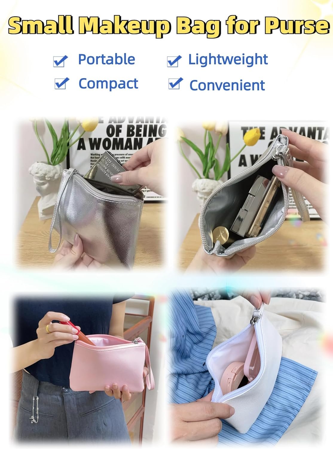 Custom Logo 2 Pack Small Zipper Pouch Mini Makeup Bag for Purse Lipstick Cosmetic Travel Organizer Private Label Women Essentials Coin Holder 4.5 x 6.5 Clutch Stadium Approved Wristlet Pink Manufacturer