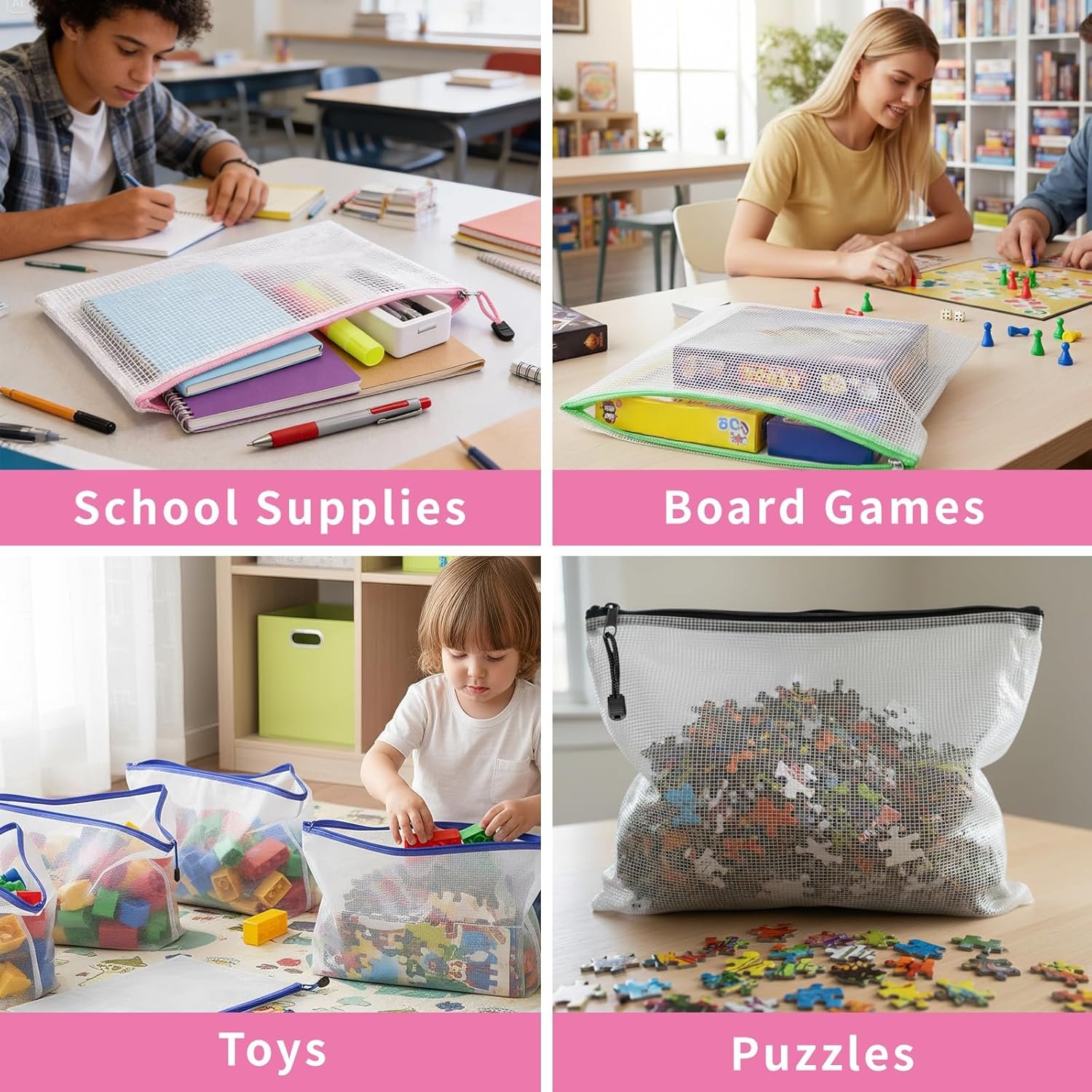 Private Label 15 Pack A3 Mesh Zipper Pouch Bags (16.7x12 in) Custom Logo Large Zipper Storage Pouches for Board Game Puzzle Toy & Travel Organizing Factory Direct