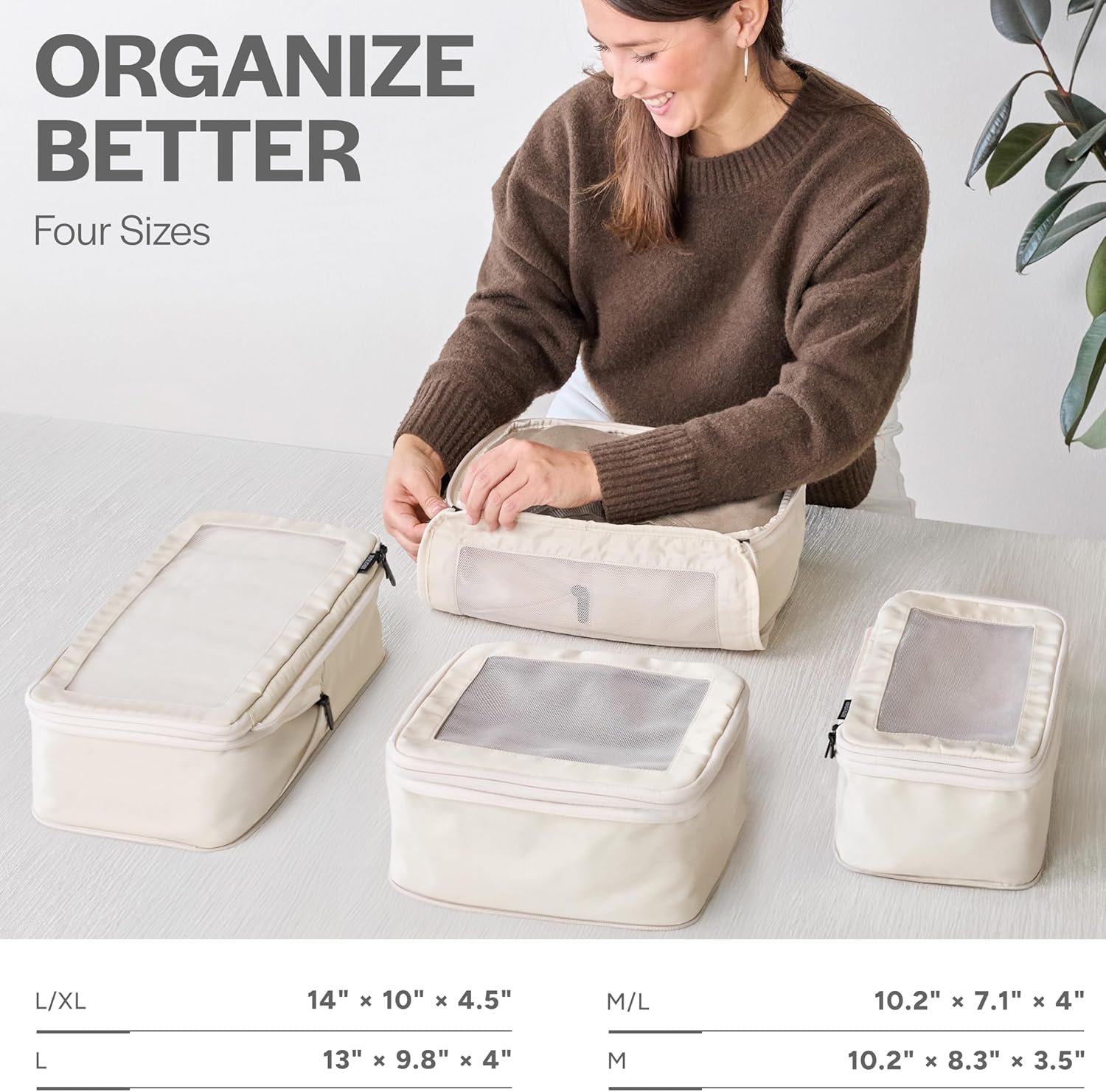 Private Label Compression Packing Cubes for Travel - Custom Logo Double Zipper Luggage Organizer Bags for Suitcases - 4-Pack Beige from Supplier