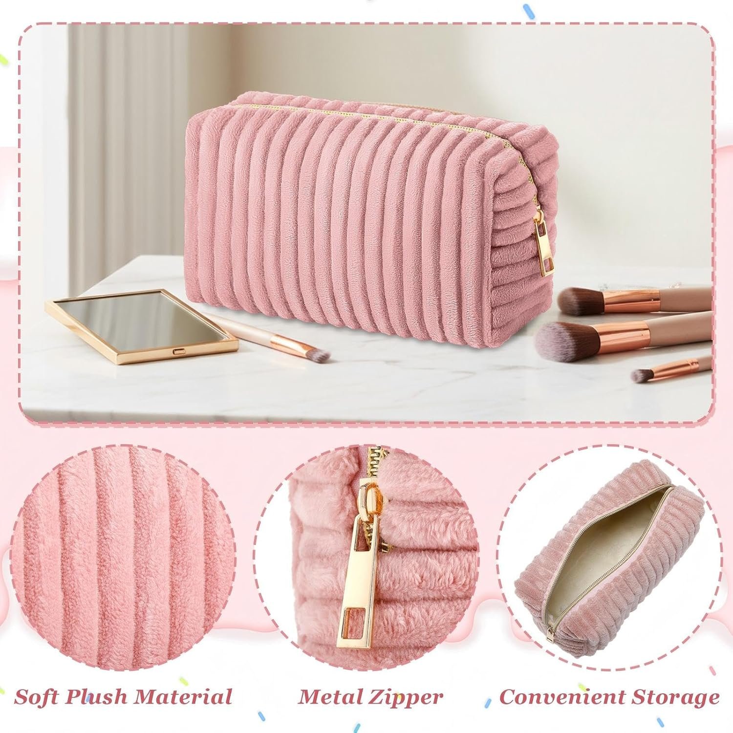 Private Label Flannel Makeup Bag Fuzzy Cosmetic Fluffy Plush Small Zipper Pouch Custom Logo Travel Toiletry Bags Supplier for Winter Birthday Women Gifts(Pink)