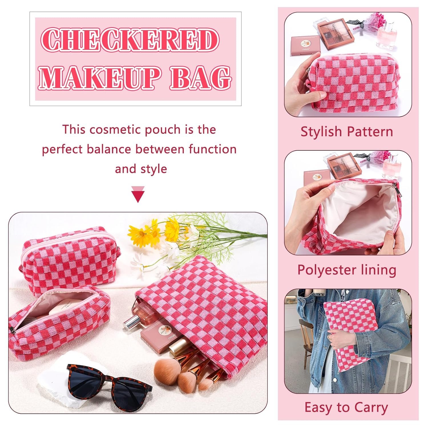 Custom Logo 3Pcs Checkered Makeup Cosmetic Bag Set Travel Toiletry Large Small Pouches for Purse Women Cute Preppy Pink Zipper Pencil Case Manufacturer Private Label Skincare Bags