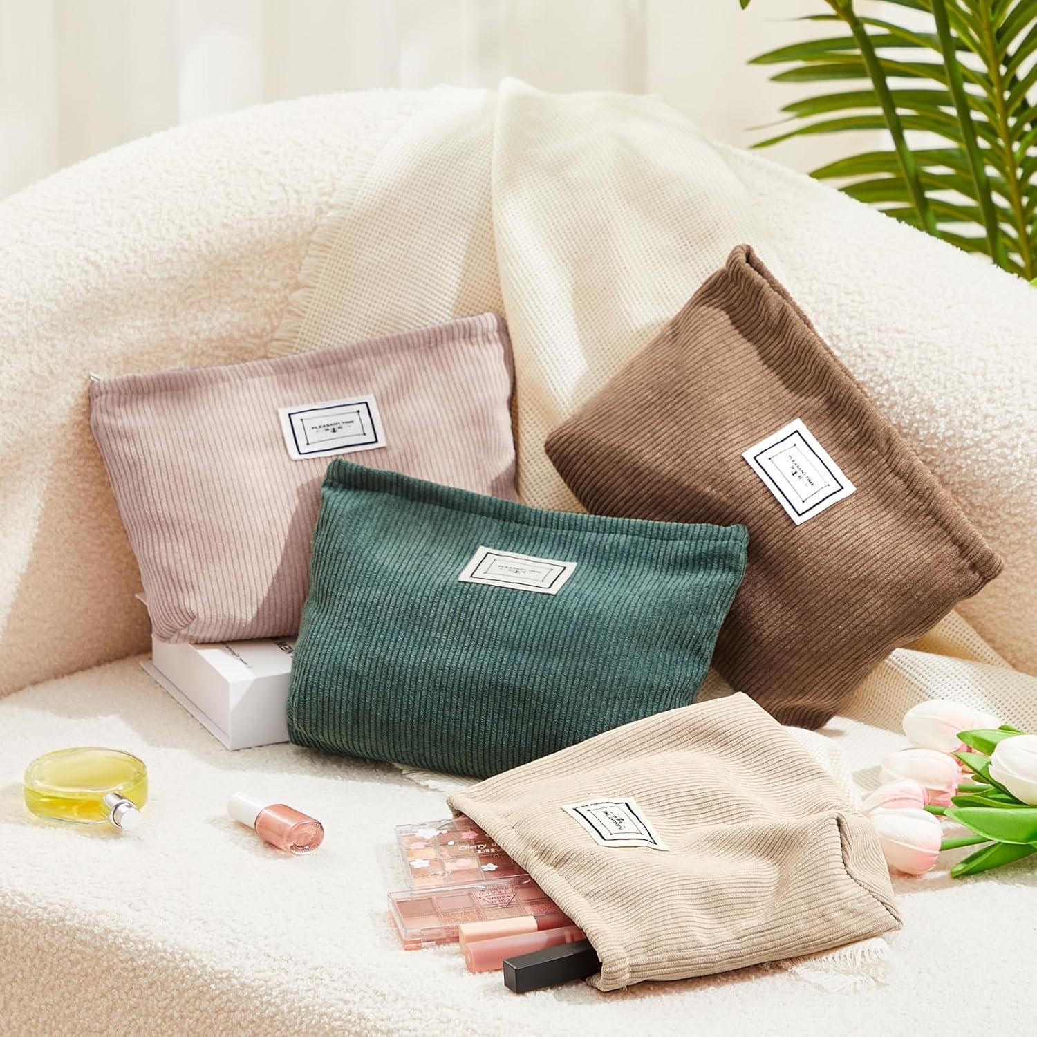 Private Label 4 Pack Large Capacity Velvet Corduroy Makeup Cosmetic Bags Zipper Travel Toiletry Purse for Women Custom Logo Organizer Factory (Fresh Color,Plaid)