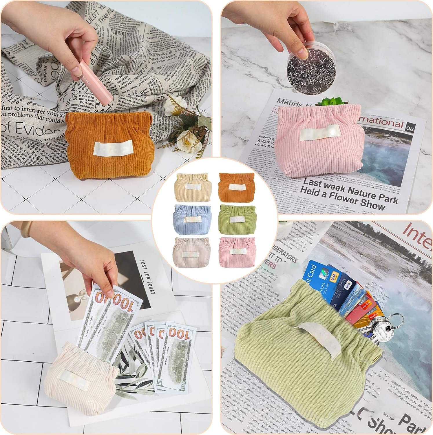 Custom Logo 7-IN-1 Corduroy Makeup Bag Set (6 Bags + 1 Mirror) Squeeze-to-Open Private Label Mini Pouch for Purse No-Zipper Cosmetic Bag for Hair Ties Lipsticks Aesthetic Travel Organizer for Women Manufacturer