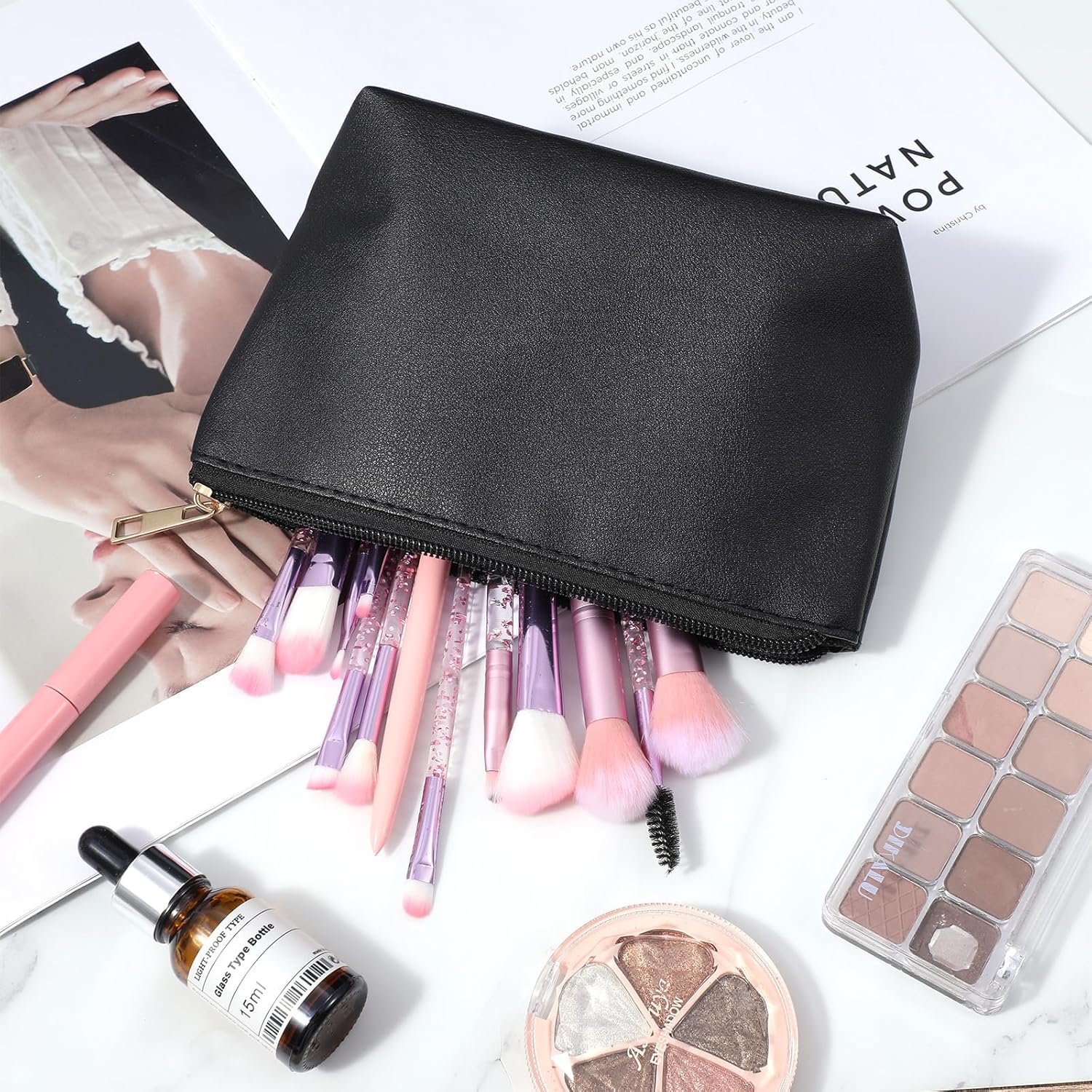 Custom Logo 2Pcs Black PU Leather Small Zipper Cosmetic Pouches Private Label Manufacturer Makeup Bags for Purse Travel Toiletry Storage