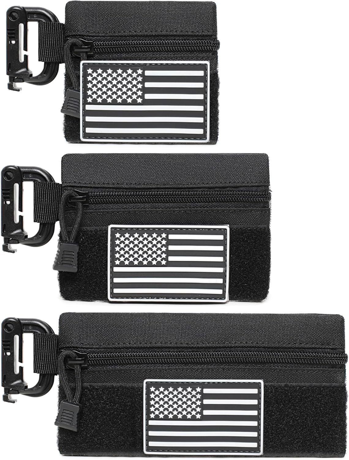 Private Label 3 Pieces Mini Tactical Tool Zipper Pouch with US Patches D-Ring Clips Manufacturer Expansion EDC Organizer Bag Insert Utility Storage Hook Fasteners for Vest Backpack Custom Logo