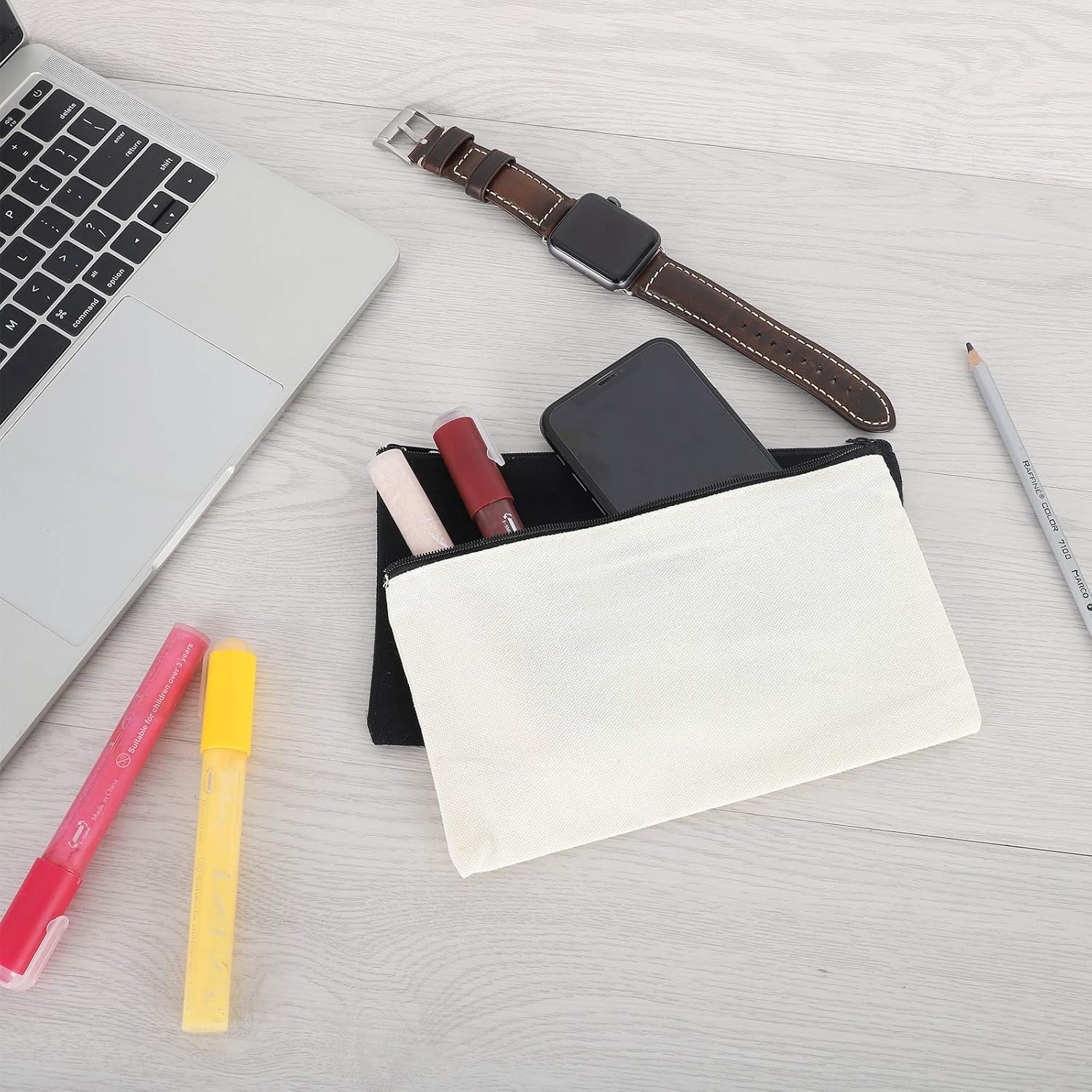 Custom Logo 12 Pieces Black Cotton Canvas Makeup Bags Private Label Multipurpose Zipper Travel Toiletry Pouches Blank DIY Craft Manufacturer (Black, M)