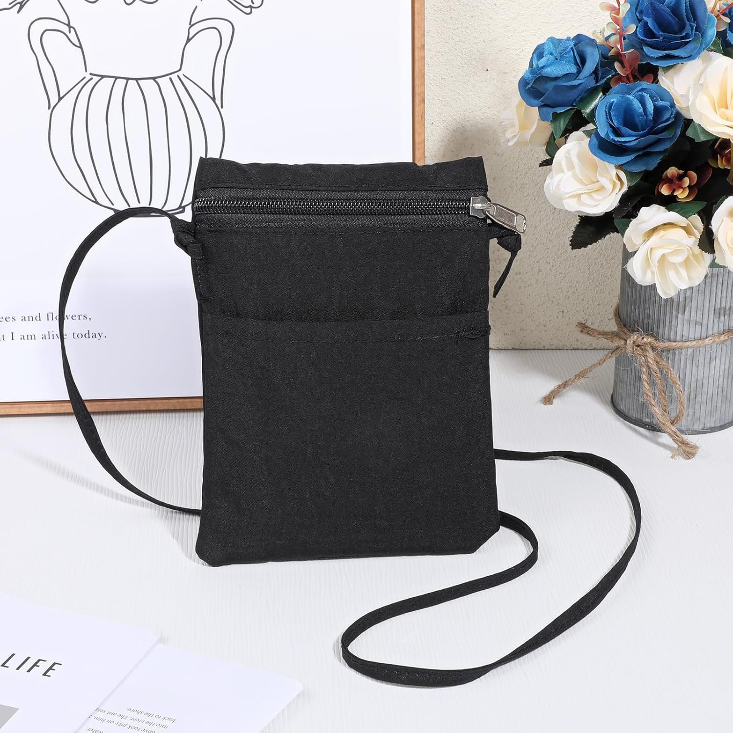 Private Label Small Black Nylon Crossbody Phone Purse for Women Zipper Cell Phone Pouch with Custom Logo Strap Bag Manufacturer