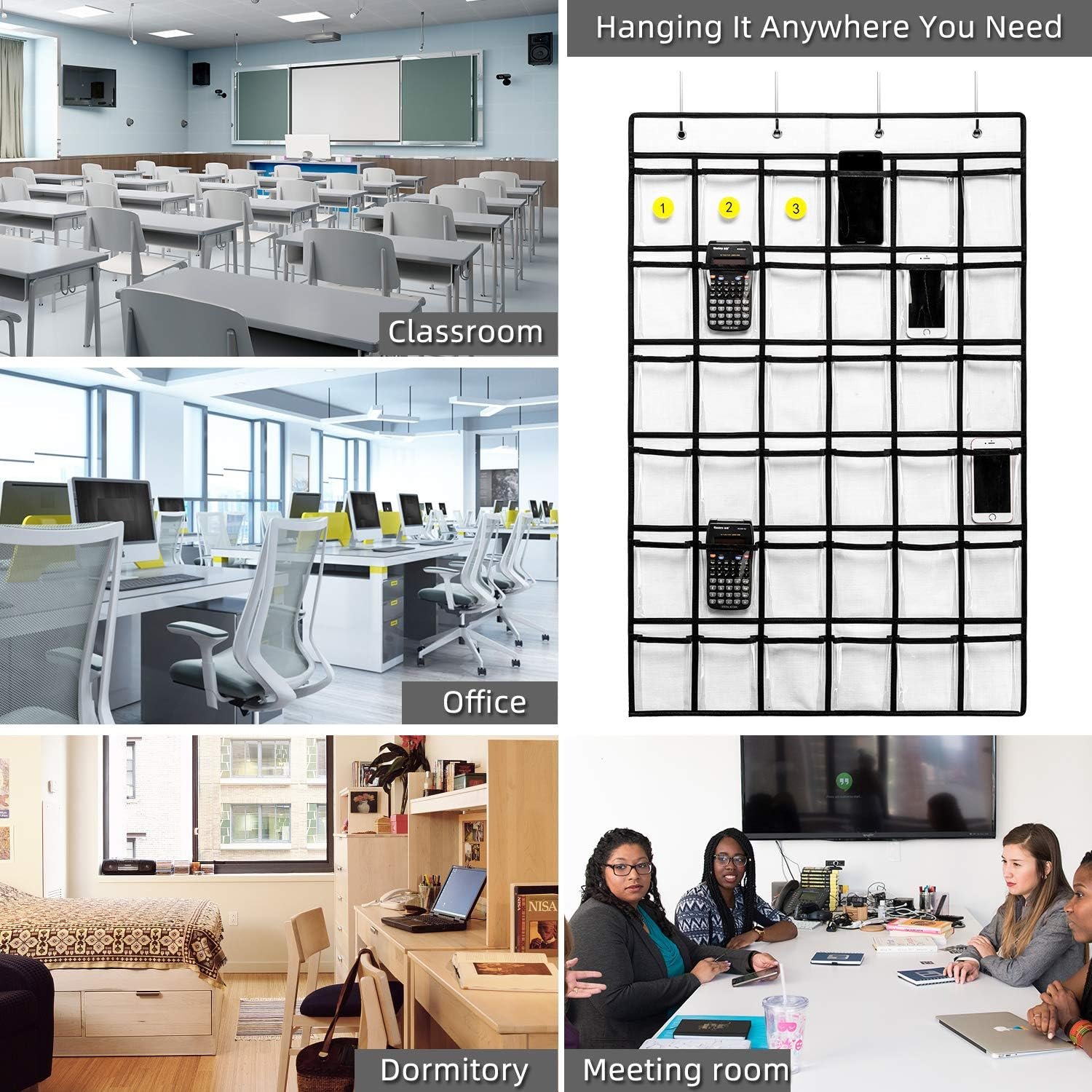 Private Label 36 Clear Pockets Classroom Pocket Chart for Cell Phones Calculator Holder Manufacturer with 36 Number Stickers Hooks White Custom Logo