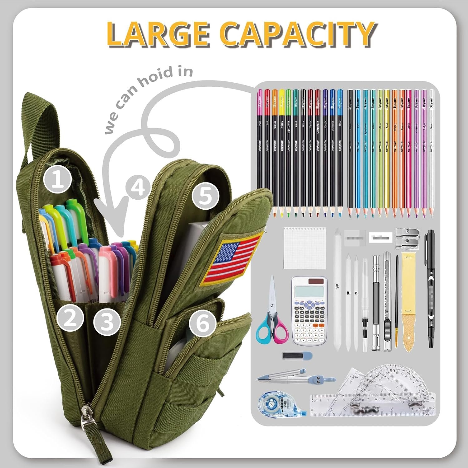 Private Label Large Capacity Tactical Pencil Case Pen Pouch Organizer Canvas Pencil Bag with Handle and Custom Logo for Teen Boys School Supplies Manufacturer - Green