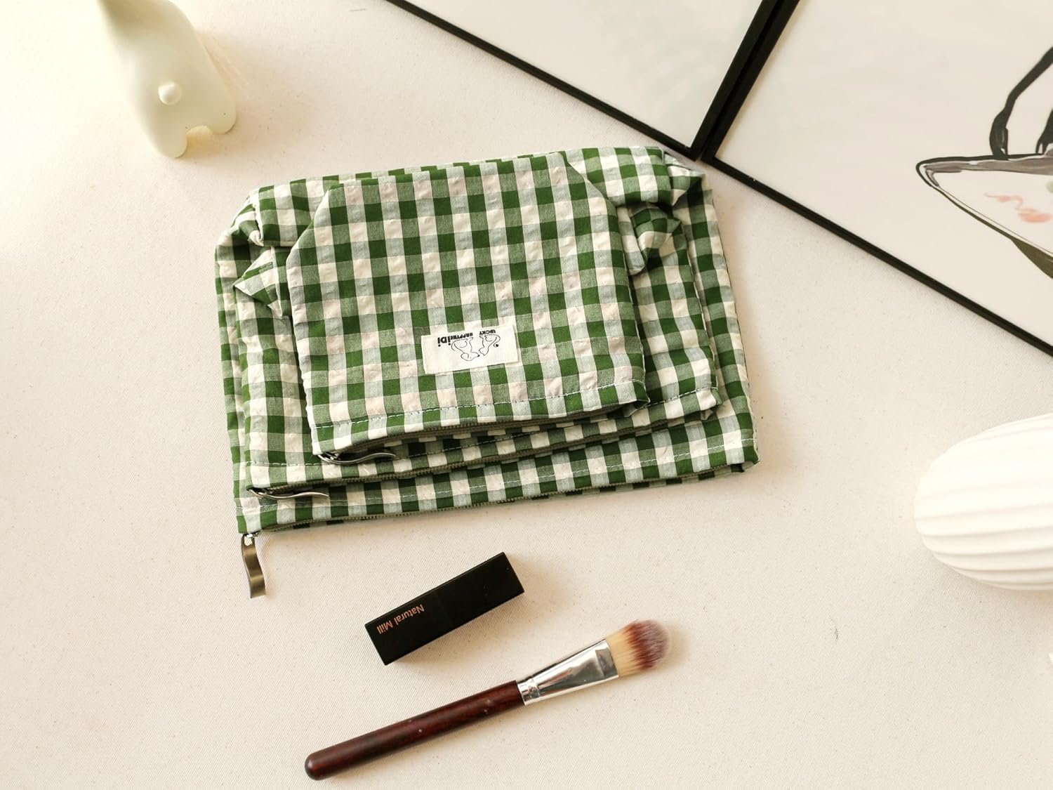 Custom Logo Large Cute Green Checker Makeup Bag with Compartment Private Label Cosmetic Travel Pouch Nylon Fabric Purse Organizer Canvas Lined Beige Plaid Supplier