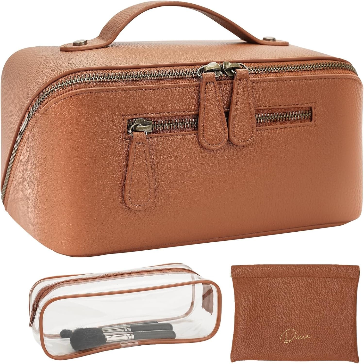 Custom Logo Waterproof Vegan Leather 3 Pcs Travel Makeup Bag Set with Compartments & Handle Private Label Large Brown Toiletry Organizer Manufacturer Custom Logo Waterproof Vegan Leather 3 Pcs Travel Makeup Bag Set with Compartments & Handle Private Label Large Brown Toiletry Organizer Manufacturer