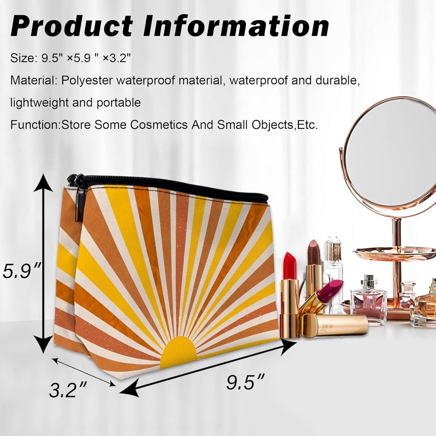 Private Label Makeup Bag for Purse Waterproof Funny Vintage Boho Sun Cosmetic for Women Custom Logo Zipper Travel Toiletry Pouch Grunge Sunburst Gift Manufacturer 9.5×5.9 Inch