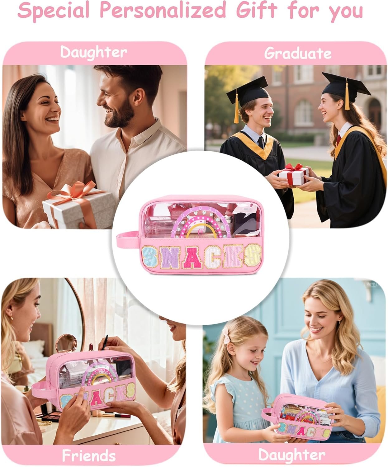 Private Label Clear Snack Pouch Makeup Travel Toiletry Bag with Custom Logo Embroidery Letters Cosmetic Bag for Women Girls Teens Easter Basket Gifts Supplier