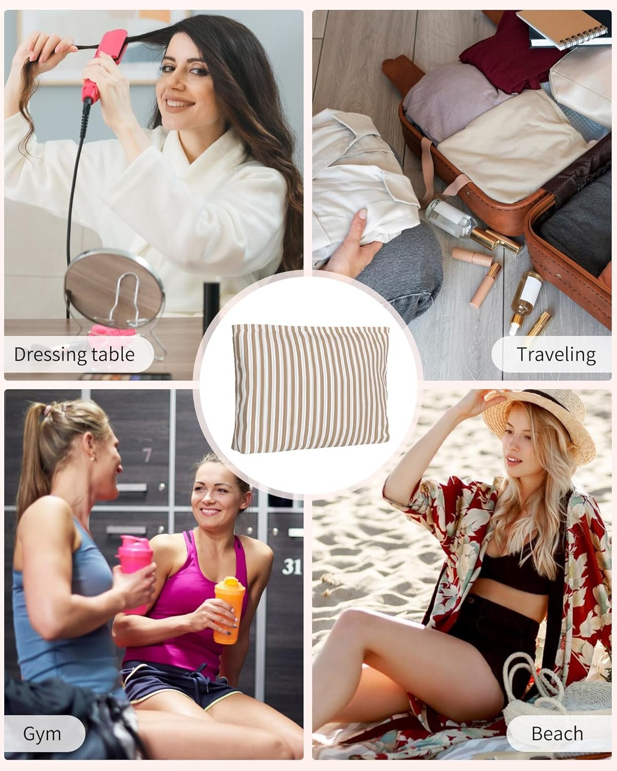 Private Label Cute Brown Beige Vertical Striped Small Makeup Pouch Manufacturer for Women Zipper Cosmetic Travel Toiletry Custom Logo