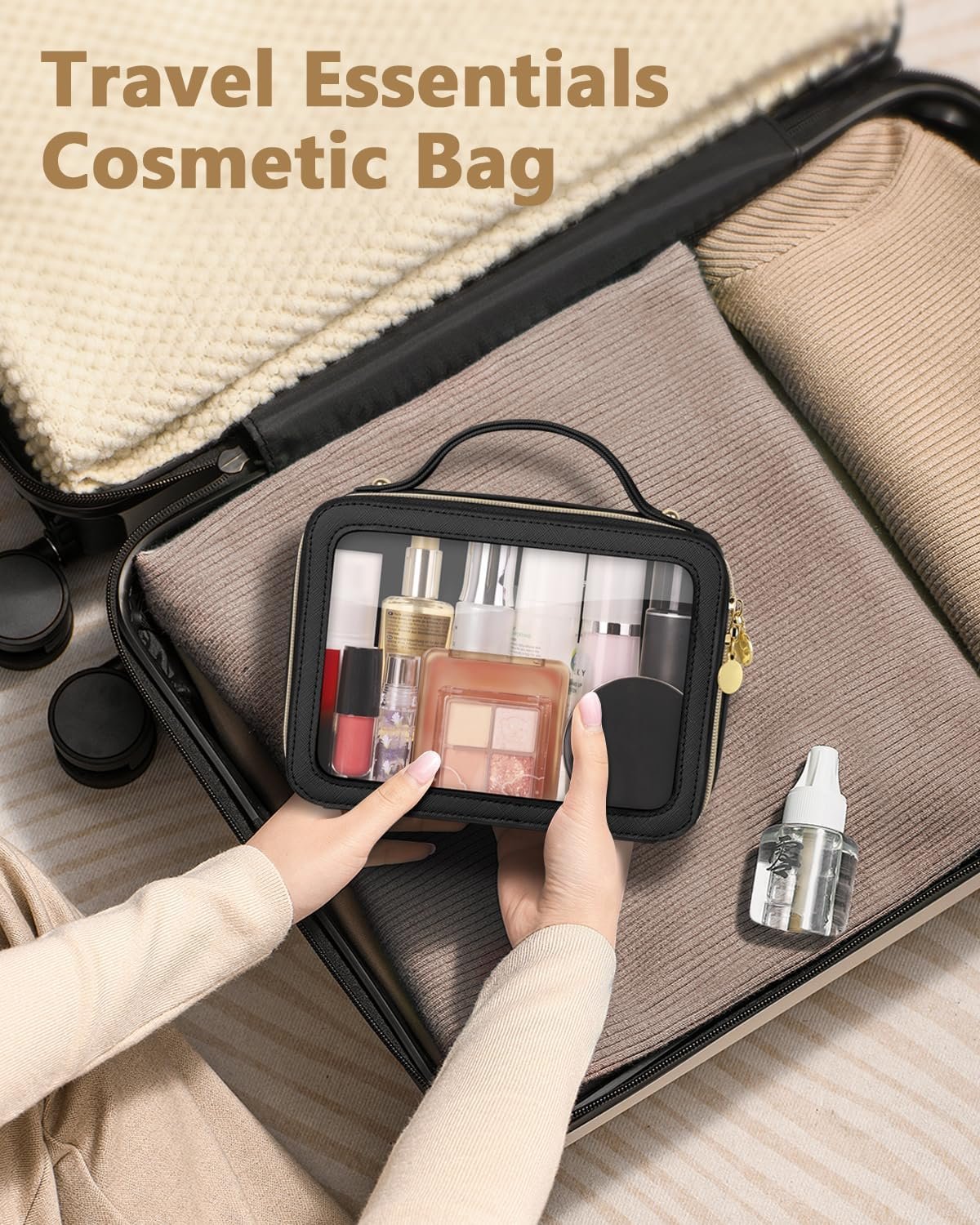 Private Label Clear Portable Makeup Bag with Custom Logo, Waterproof Transparent Leather Toiletry Organizer for Women, Multipurpose Travel Cosmetic Medium Black Manufacturer