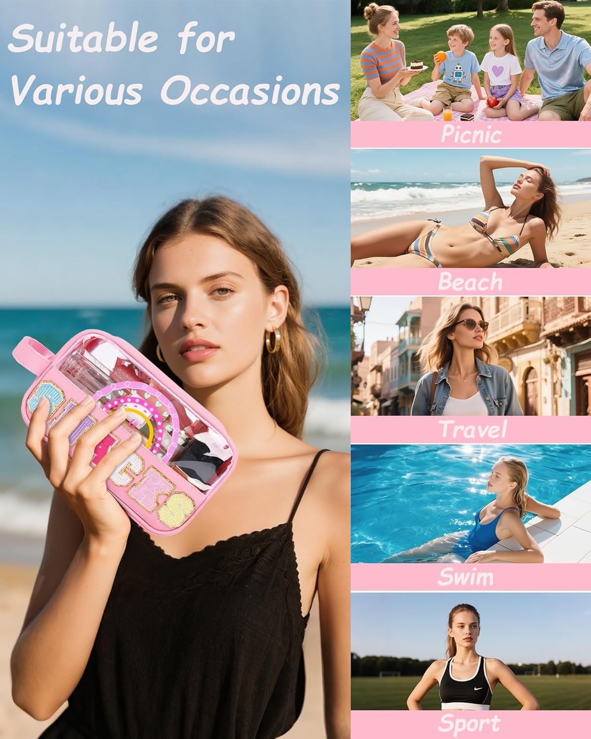 Private Label Clear Snack Pouch Makeup Travel Toiletry Bag with Custom Logo Embroidery Letters Cosmetic Bag for Women Girls Teens Easter Basket Gifts Supplier