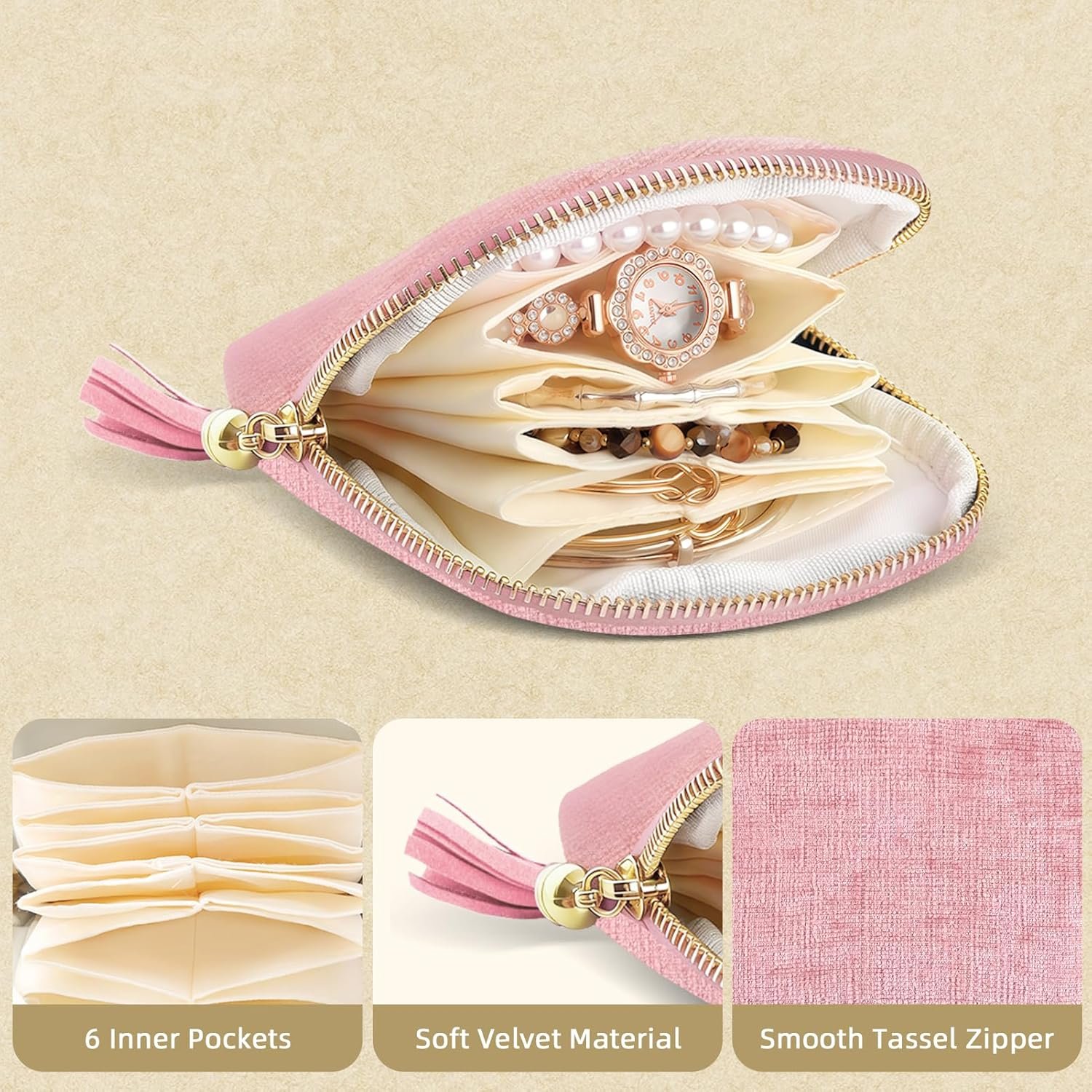 Private Label Small Mini Travel Jewelry Organizer Custom Logo Portable Soft Velvet Pouch with Zipper for Bracelets Rings Earrings Women Pink Manufacturer