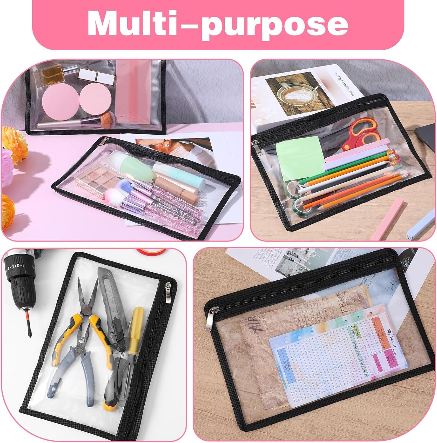 Factory 8 Pack Clear PVC Waterproof Zipper Pouches Envelopes with Custom Logo Multi-Purpose Folder Storage Bags Private Label Document File Organization Office Supplies