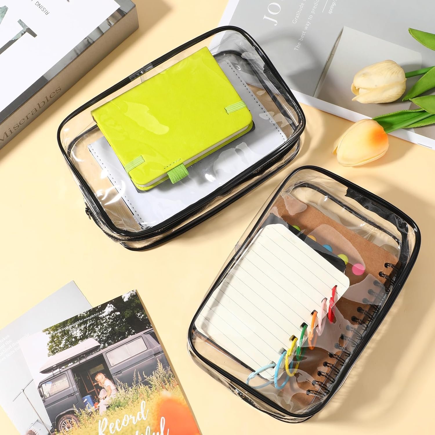 Private Label 2Pcs Big Clear Toiletry Bags with Zipper Custom Logo Multi-use Travel Makeup Brush Bags Transparent PVC Cosmetic Cases Supplier (Black)