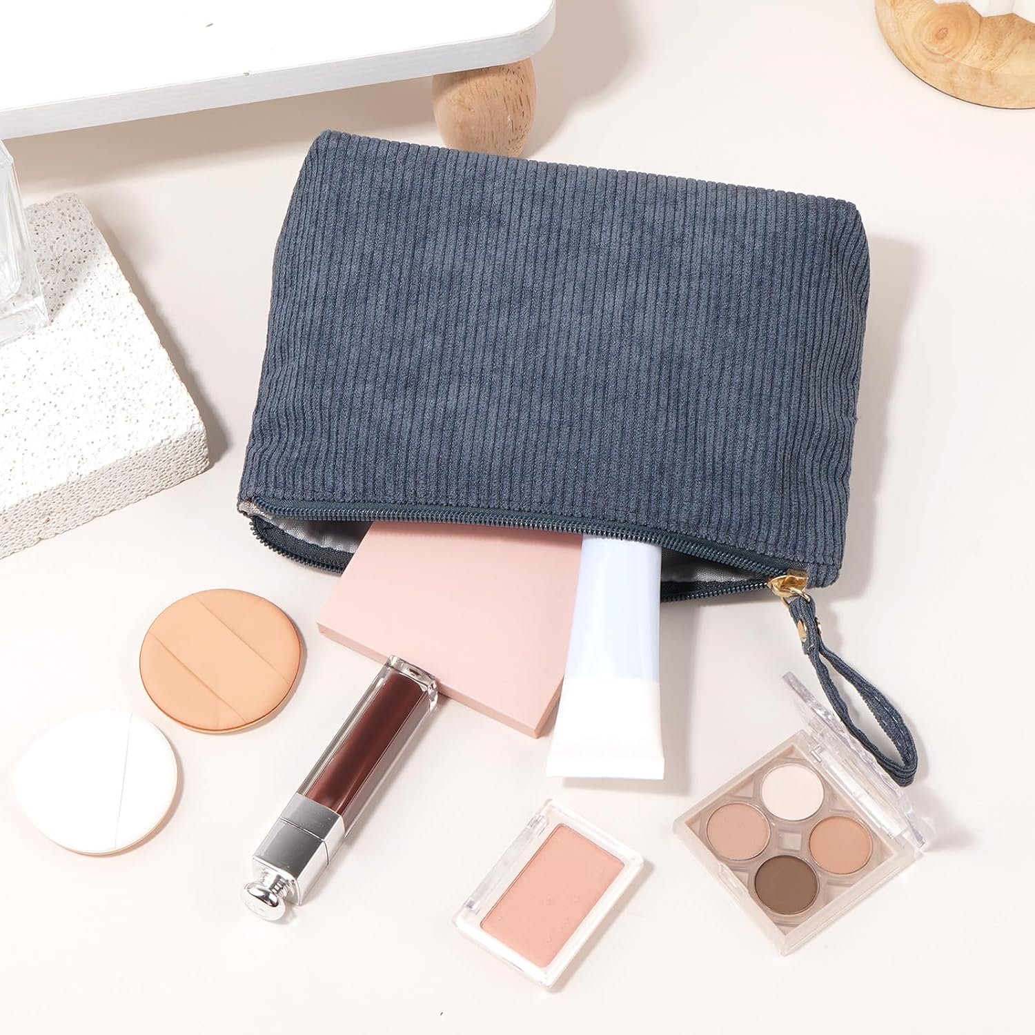 Custom Logo Small Corduroy Makeup Bag, Private Label Cosmetic Pouches for Purse Keys Lipstick Cards Data Cable Organizer Supplier (Grey,Small)