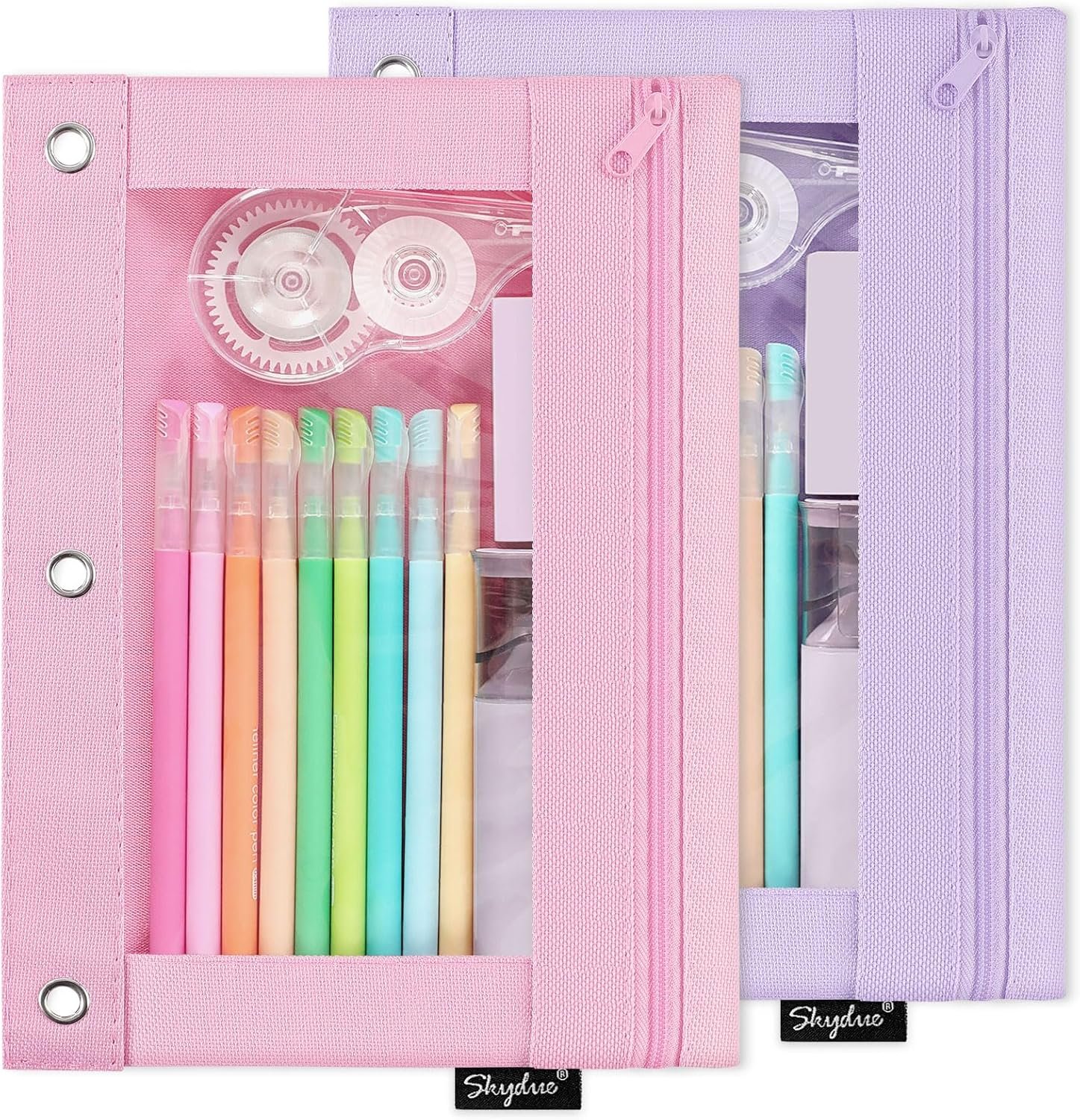 Custom Logo Pencil Pouch for 3 Ring Binder Zipper with Clear Window Private Label Pink & Purple Supplier