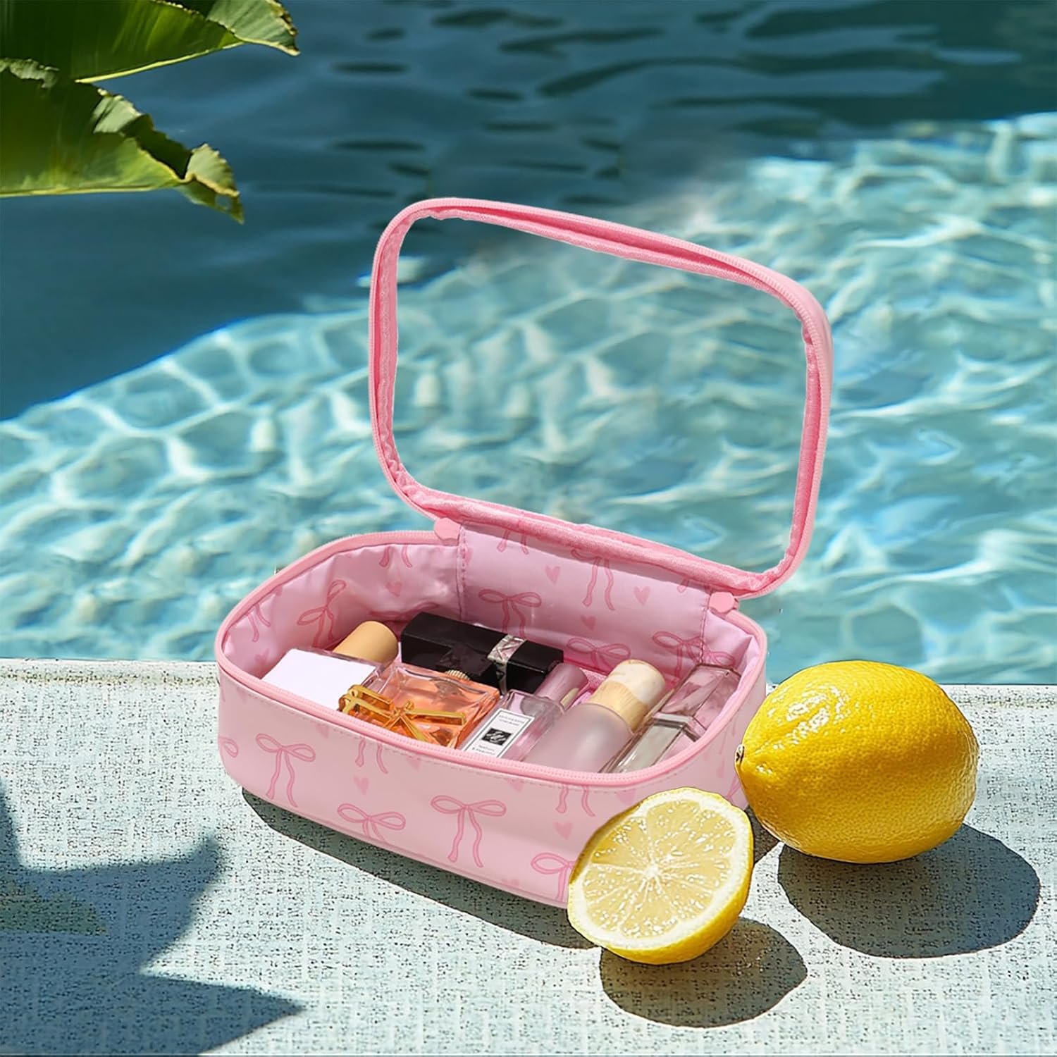 Private Label Clear Small Travel Makeup Bag Pink Bow Cosmetic Pouch for Women Girls - Custom Logo Cute for Purse Birthday Gifts - Manufacturer for Girlfriend Mom Bridesmaid (Pink Bow C)