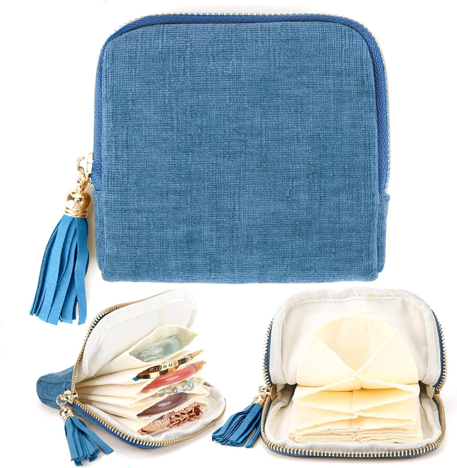 Private Label Small Travel Jewelry Organizer Pouch with 6 Compartments, Portable Soft Anti-Scratch Custom Logo Storage Holder for Bangle Bracelets Earrings Necklace, Ocean Blue Manufacturer