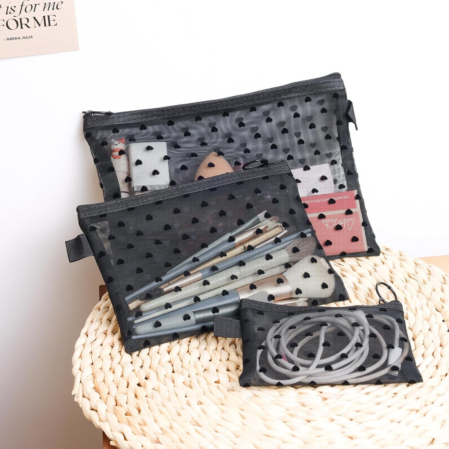 Custom Logo 6-Piece Heart Printed Mesh Makeup Bag Set - Private Label Small Pouches for Purse - Black Makeup Bag Manufacturer