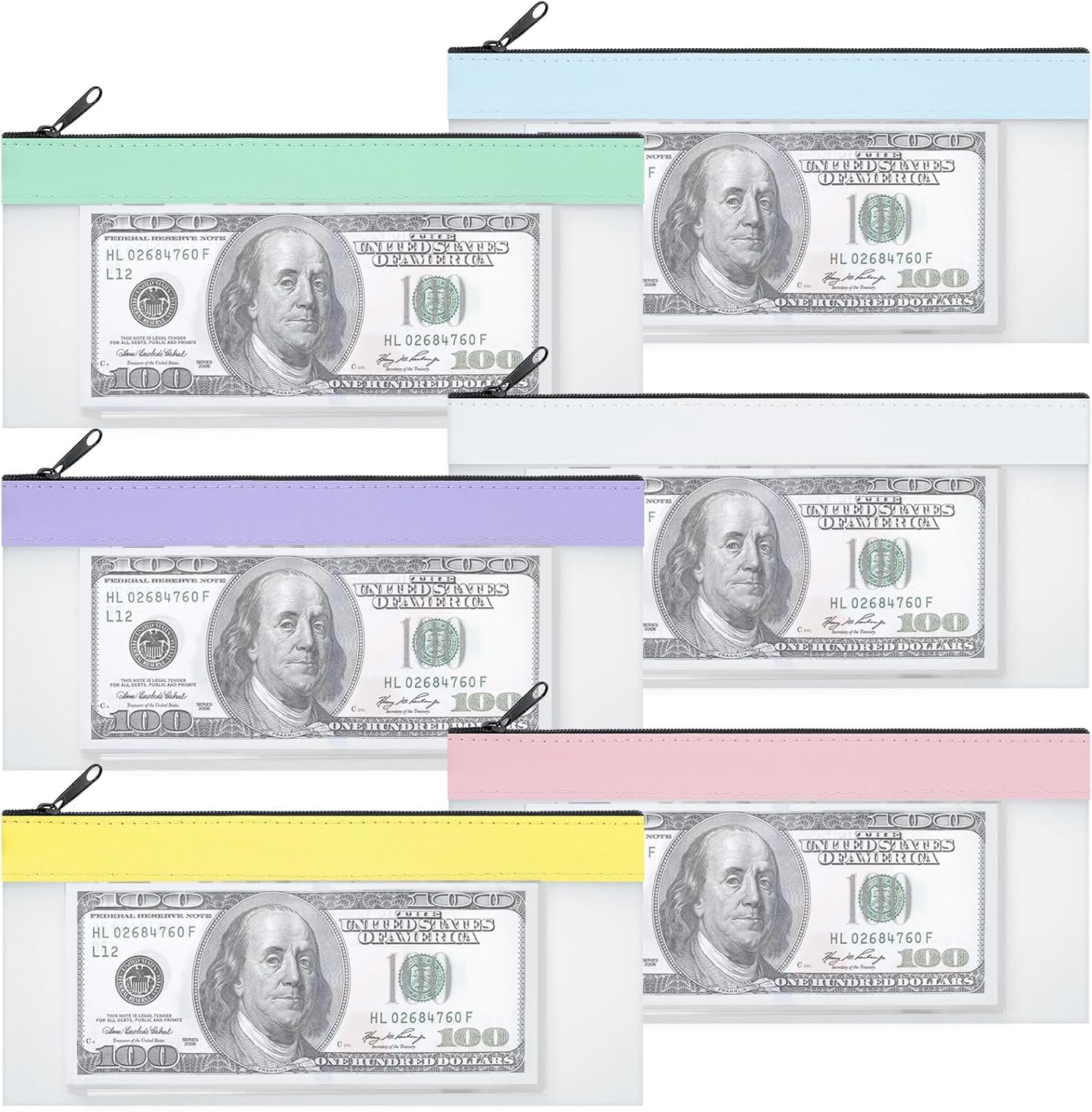 Custom Logo 6-Piece 7.8 x 3.9 Inch Clear Zipper Money Envelopes for Cash Private Label Multi-Purpose Cash Bags Supplier Bank Deposits Coins Makeup Easter Gifts School Supplies