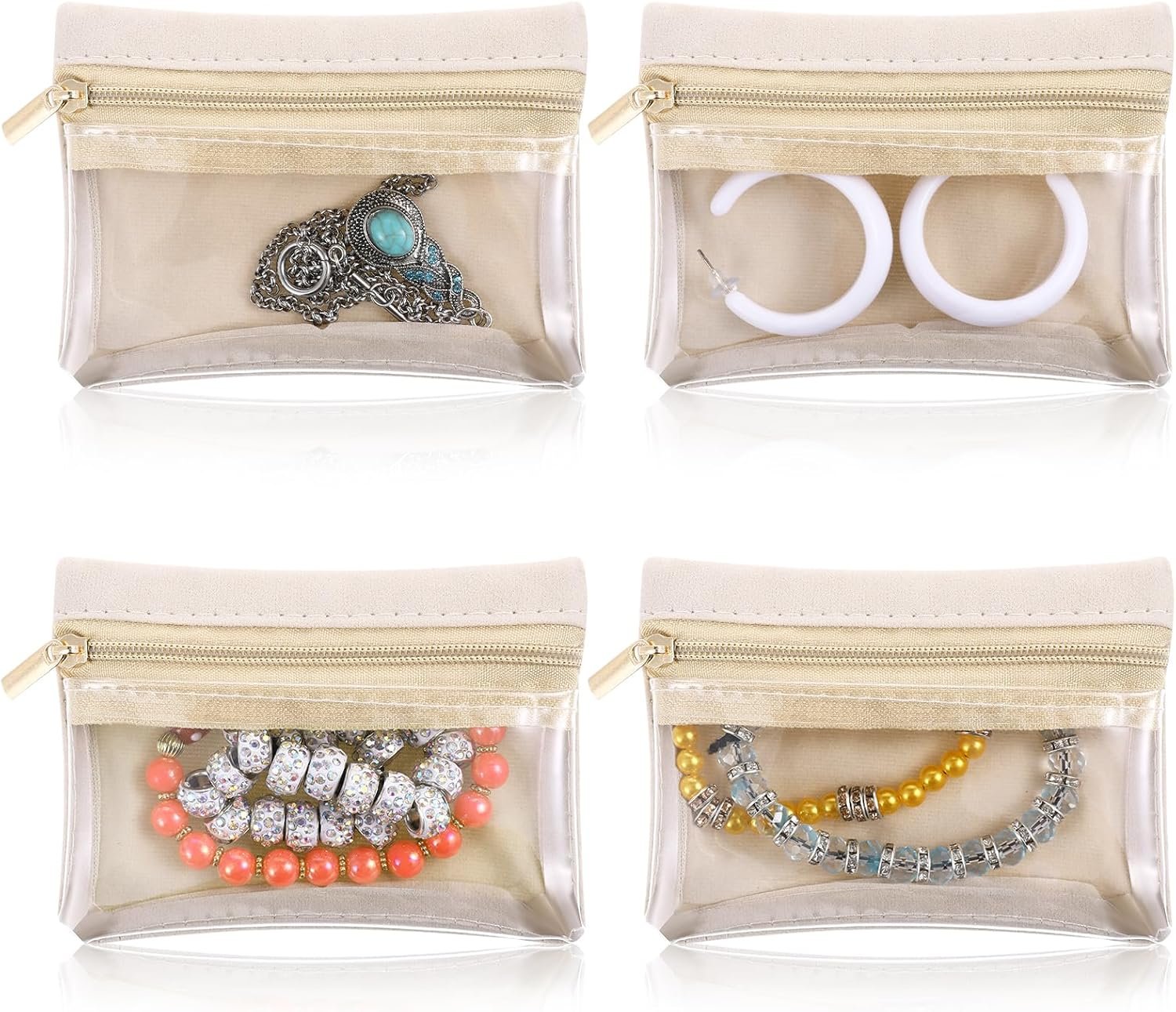 Private Label 4Pcs Clear Portable Travel Jewelry Bag with Zipper Velvet Pouch Custom Logo Mini Organizer Storage for Rings Bracelets Earrings Necklaces Gift Idea for Women Girls Supplier