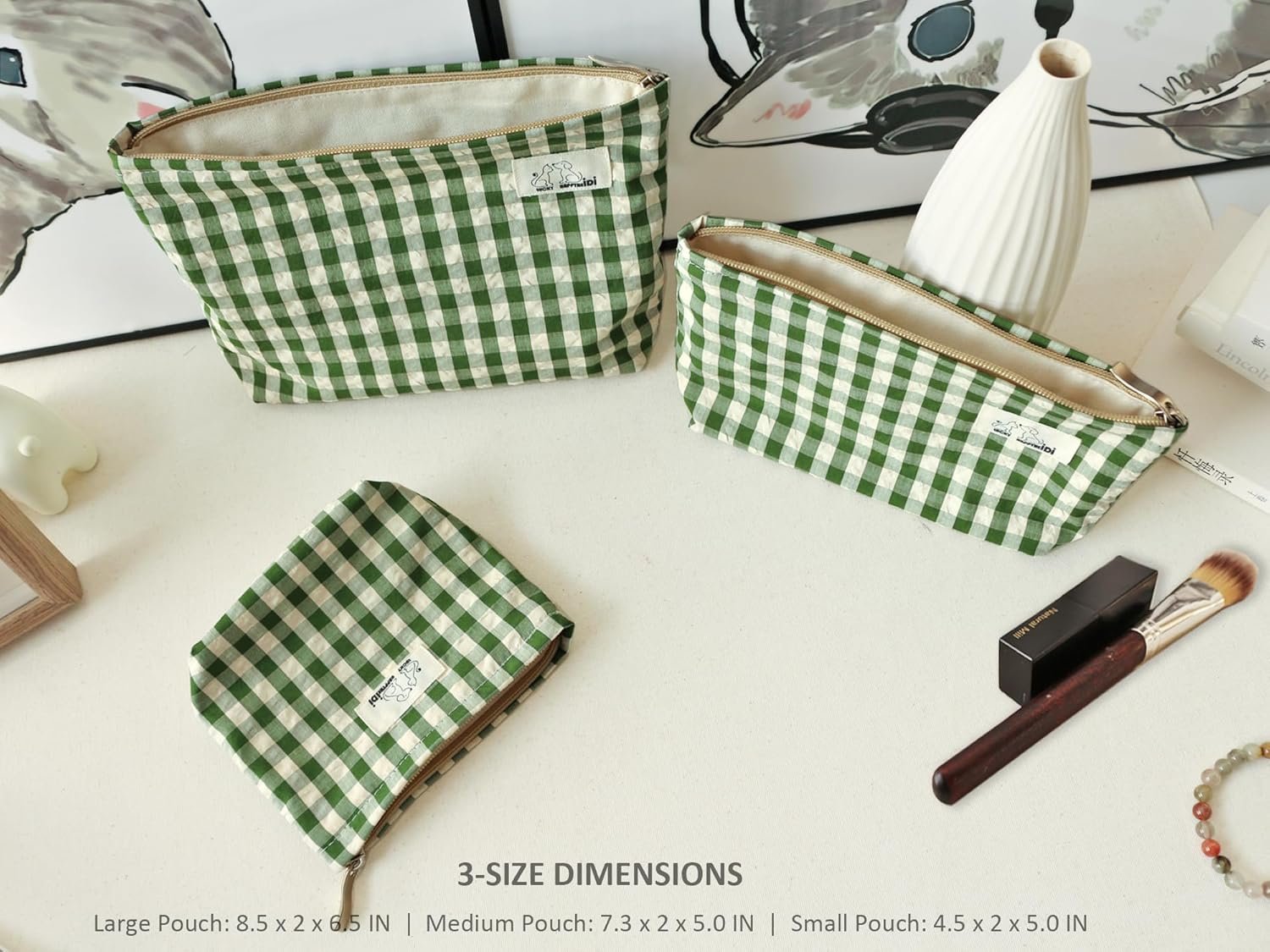 Custom Logo Large Cute Green Checker Makeup Bag with Compartment Private Label Cosmetic Travel Pouch Nylon Fabric Purse Organizer Canvas Lined Beige Plaid Supplier