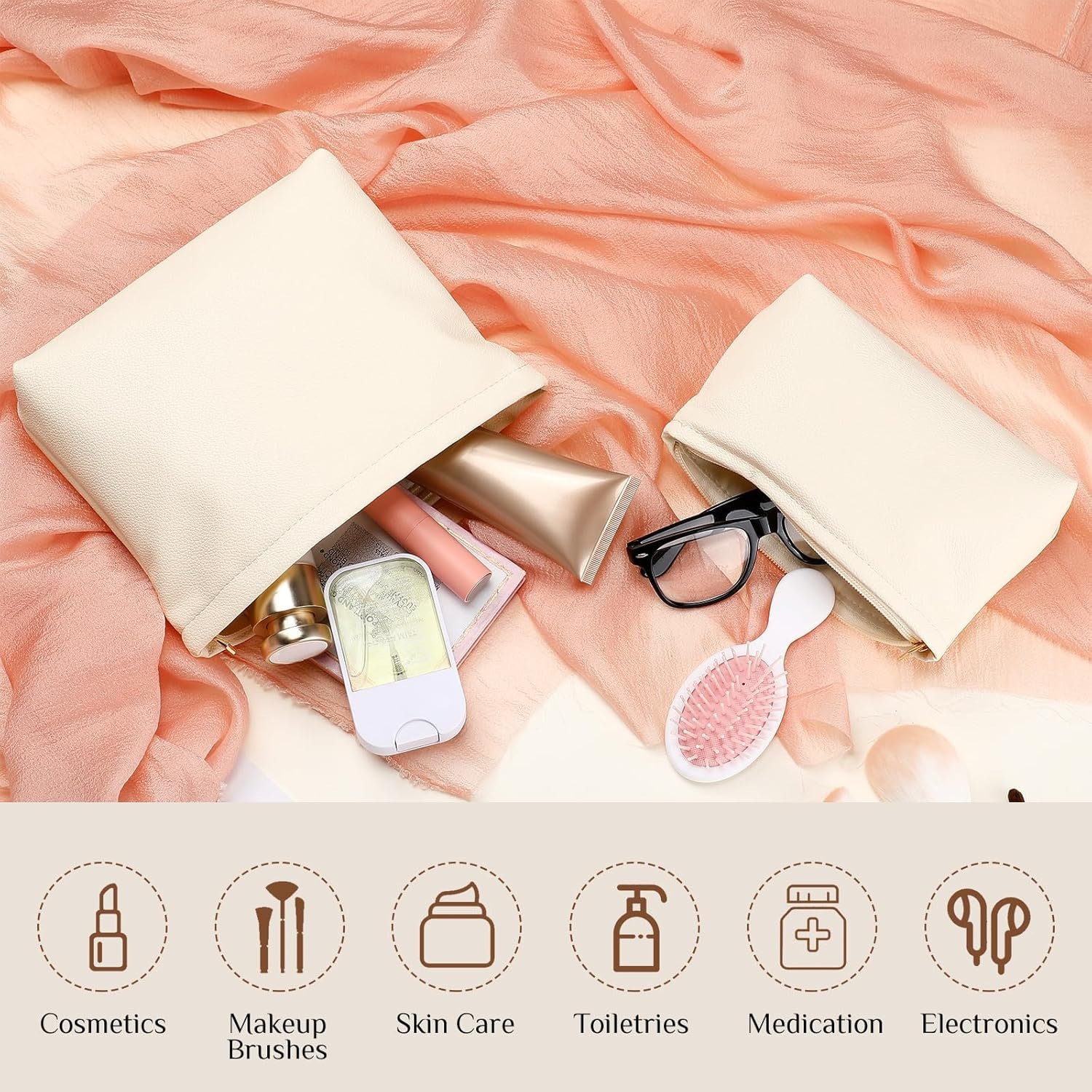 Private Label 2 Pcs Small PU Leather Makeup Bag Set for Purse Cosmetic Travel Toiletry Pouch Aesthetic Preppy Organizer Storage Supplier Custom Logo Valentine Women Gift Beige