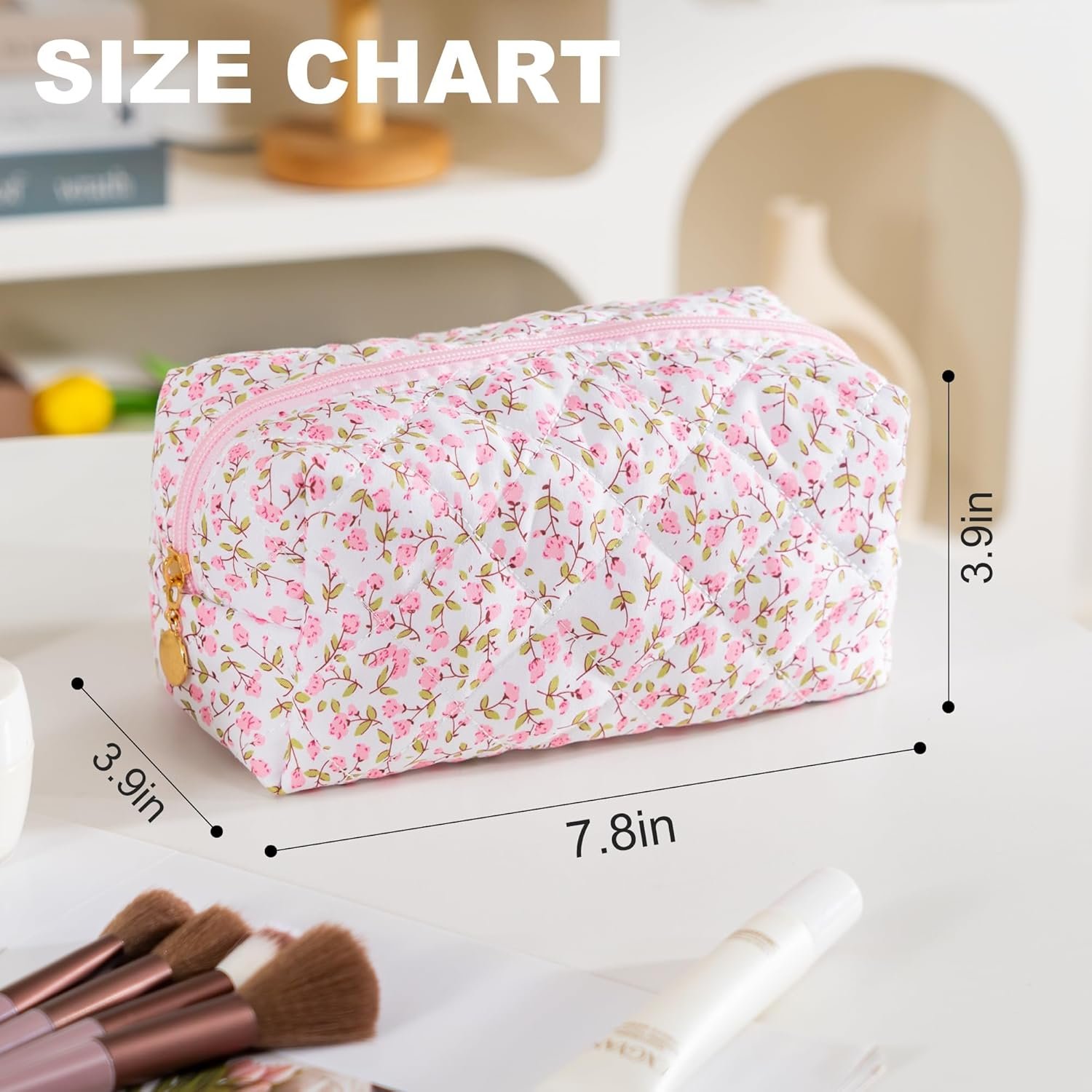 Private Label Small Makeup Travel Toiletry Bag for Women Custom Logo Cute Quilted Cotton Cosmetic Pouch Floral Pencil Case Accessory Pink Manufacturer