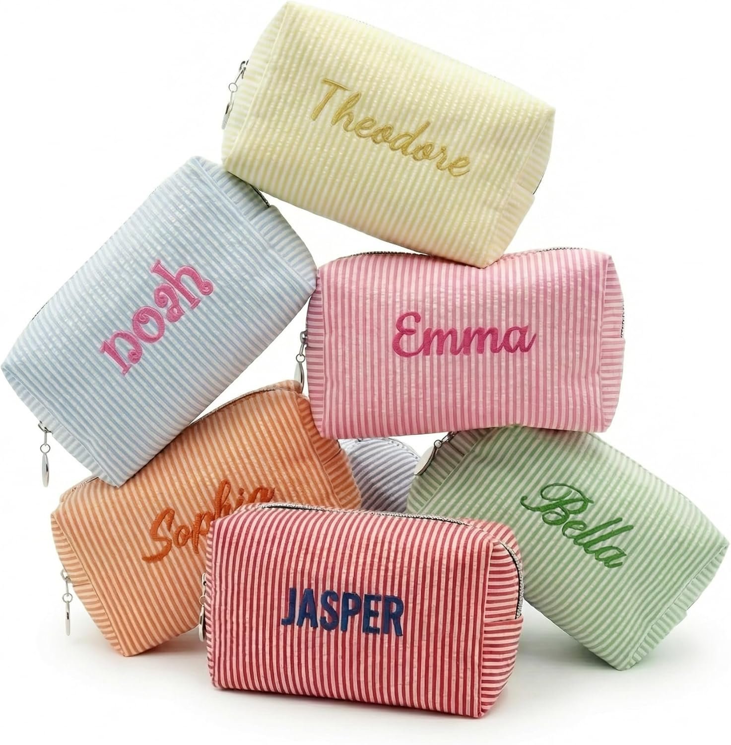 Custom Logo Seersucker Cosmetic Bag - Private Label Embroidered Name with Cute Icons - Monogrammed Cotton Striped Makeup Pouch for Bridesmaid Proposal Gifts and Travel Manufacturer