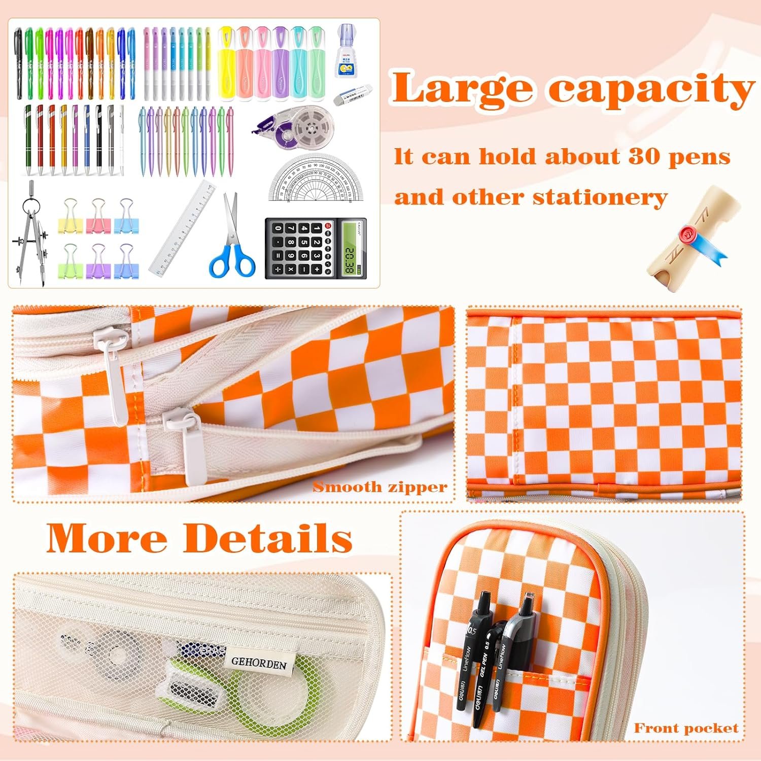 Private Label Orange Checkered Pencil Pouch with Custom Logo Zipper for Teens Girls Students Back to School Manufacturer